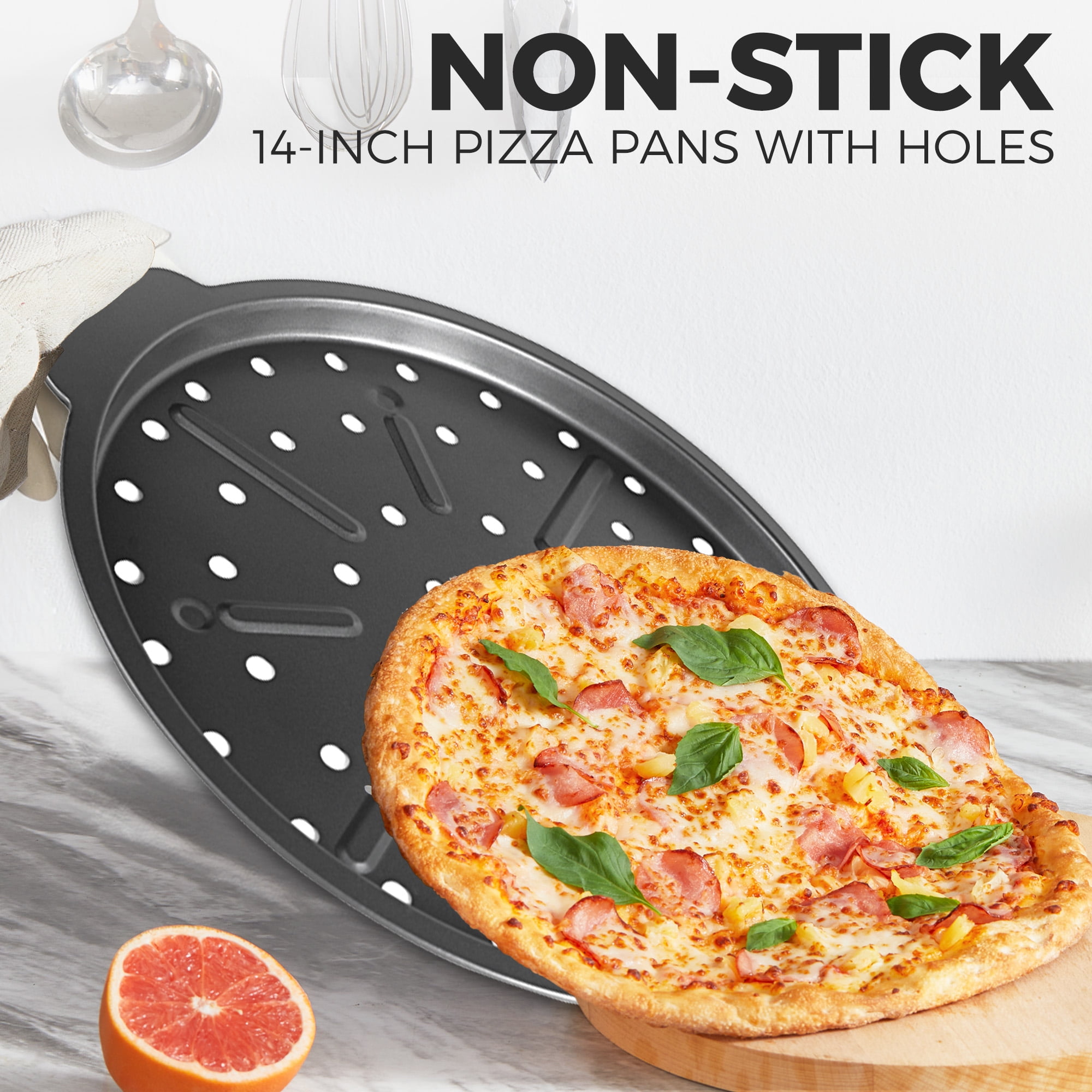 HONGBAKE 12 Inch Pizza Pan with Holes, Non-Stick Carbon Steel Perforated Crispy Pizza Tray for Oven (Grey, 2 Pack) zd968