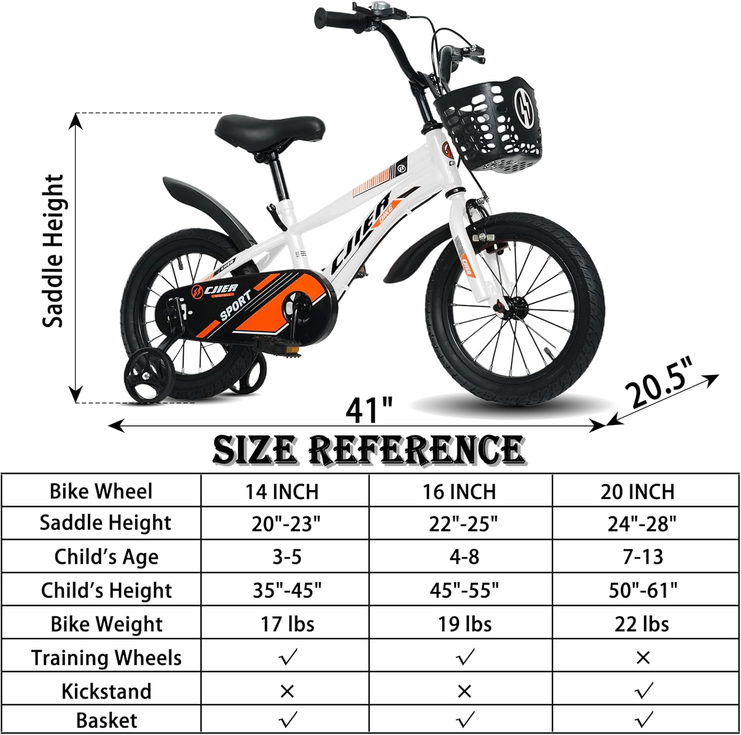 NEORIVER Kids Bicycle with Training Wheels, Adjustable Height Steel Frame (White, 14 in) d9ycm