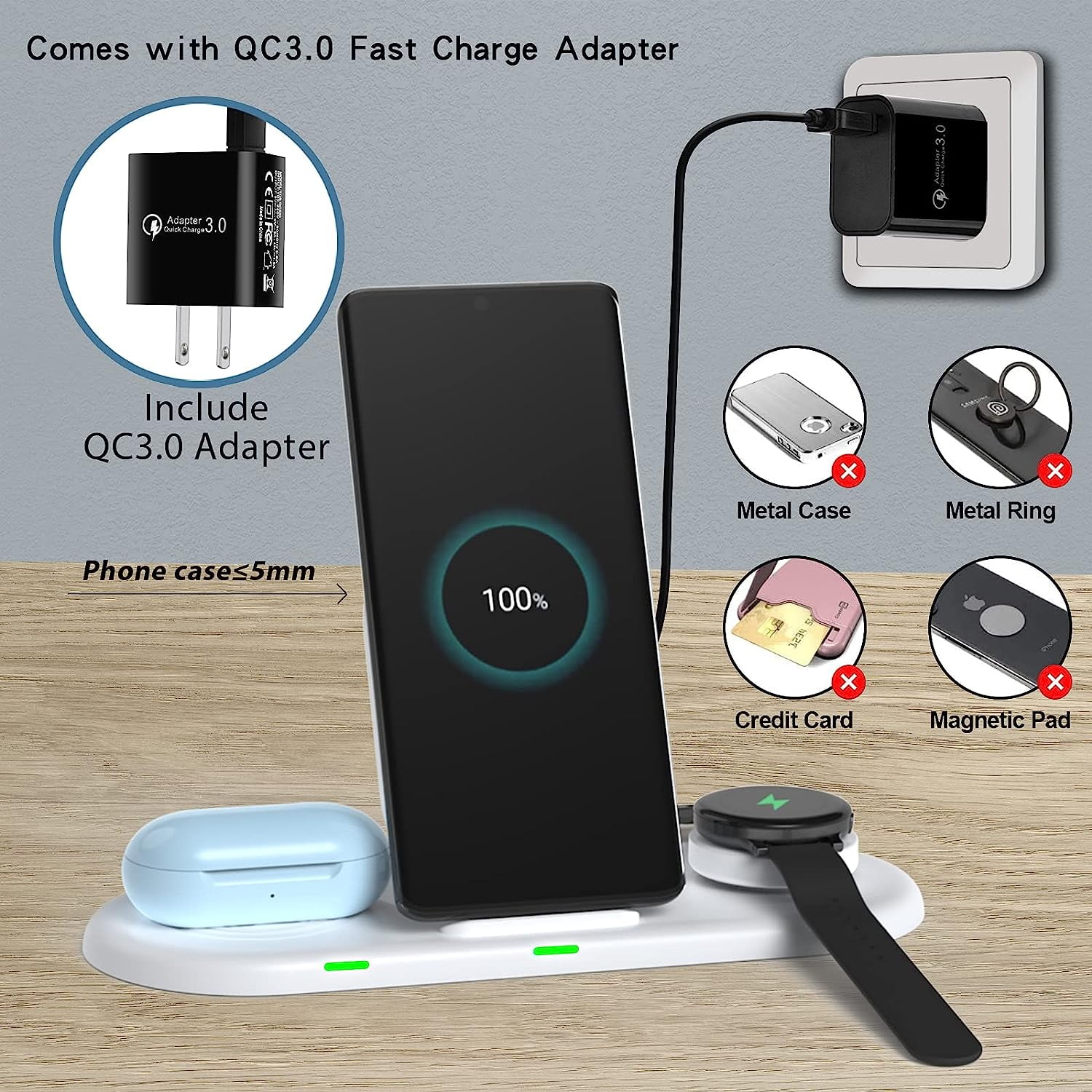 leQuiven 3-in-1 Wireless Charging Station for Samsung Galaxy S25/S24/S23/S22, Galaxy Watch Ultra/7/6/5/4, and Galaxy Buds (White, 1 Pack) bg3xb