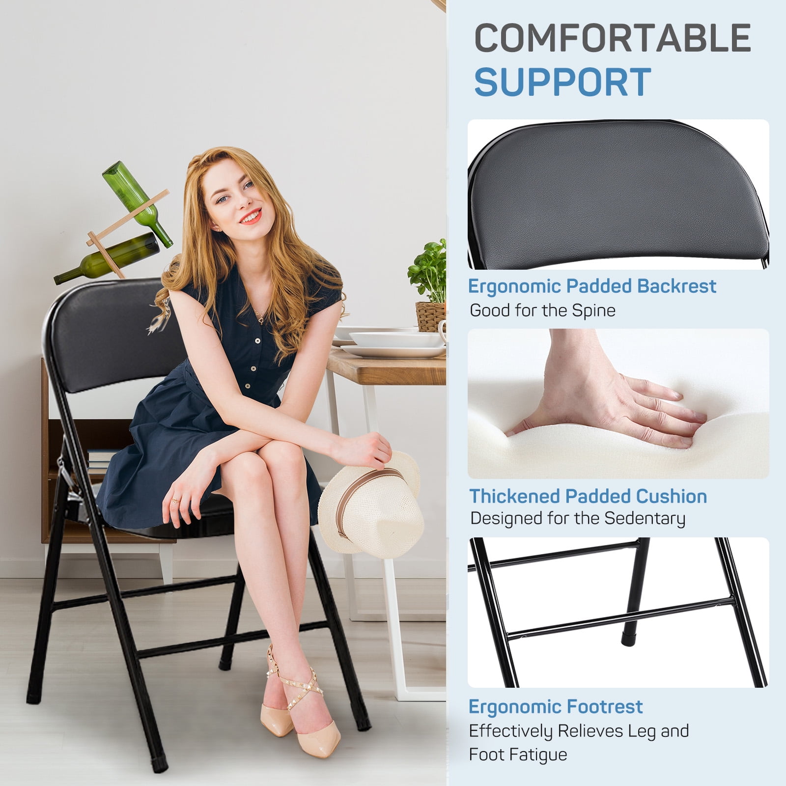 Atilioo Folding Chairs with Padded Leather Seat and Metal Frame (Black, 2 Pack) abbr4