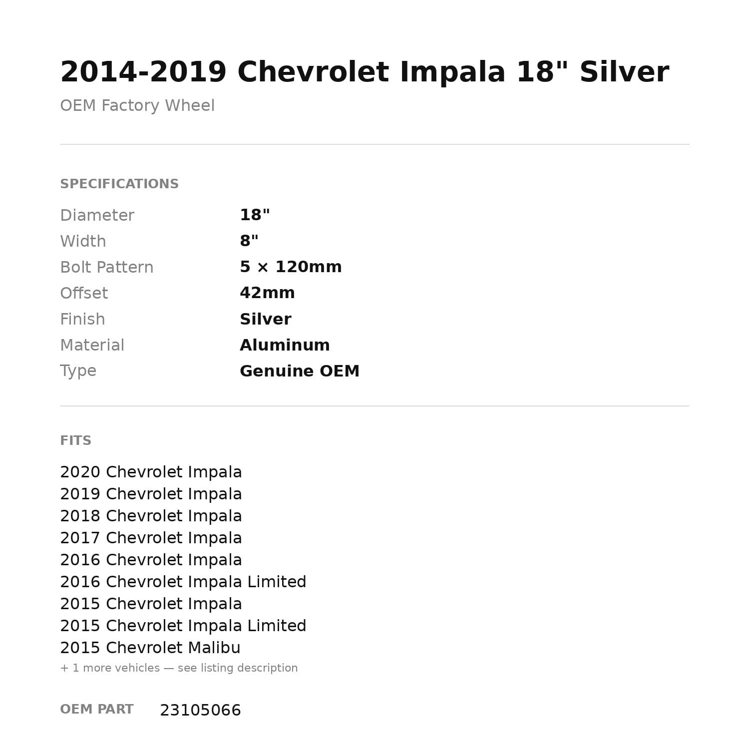 Factory Wheel Warehouse Chevrolet Impala OEM Factory Wheel Rim (Silver, 18 in x 8 in) uolez