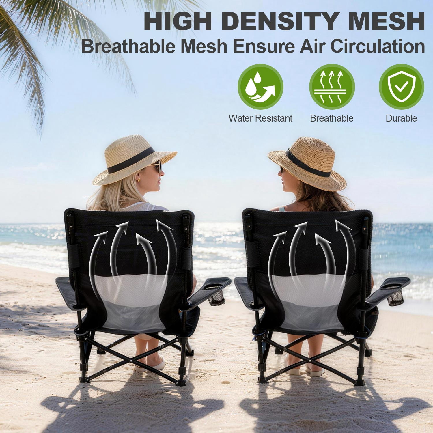 Walchoice Low Beach Chair, Heavy Duty Folding Camping Chair with High Back, Detachable Pillow, and Cup Holder (Black, 30.7 in Wide Seat) appdq
