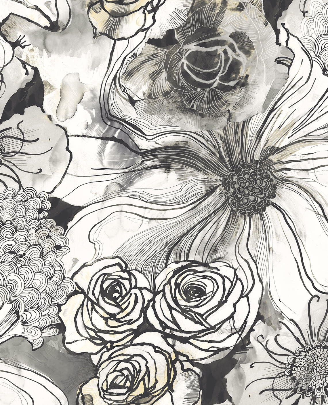 Harry & Grace Peel and Stick Wallpaper Floral Ink Rose Removable Wall Decor (Onyx, 20.5 in. W x 18 ft. L) w6ag1