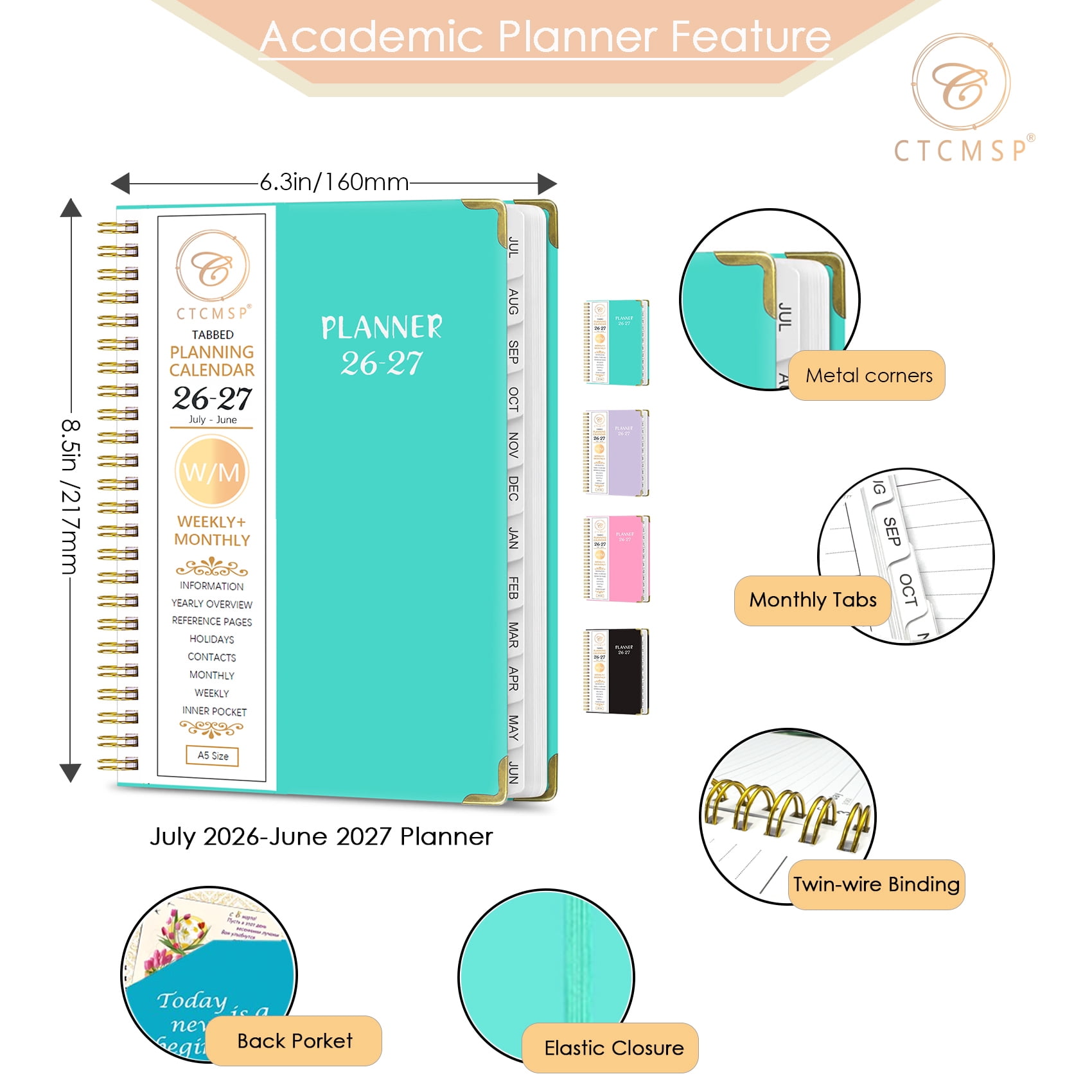 CTCMSP 2026-2027 Academic Planner Weekly and Monthly Organizer with Hardcover and Spiral Binding (Green, 6.3 in x 8.5 in) ecprw