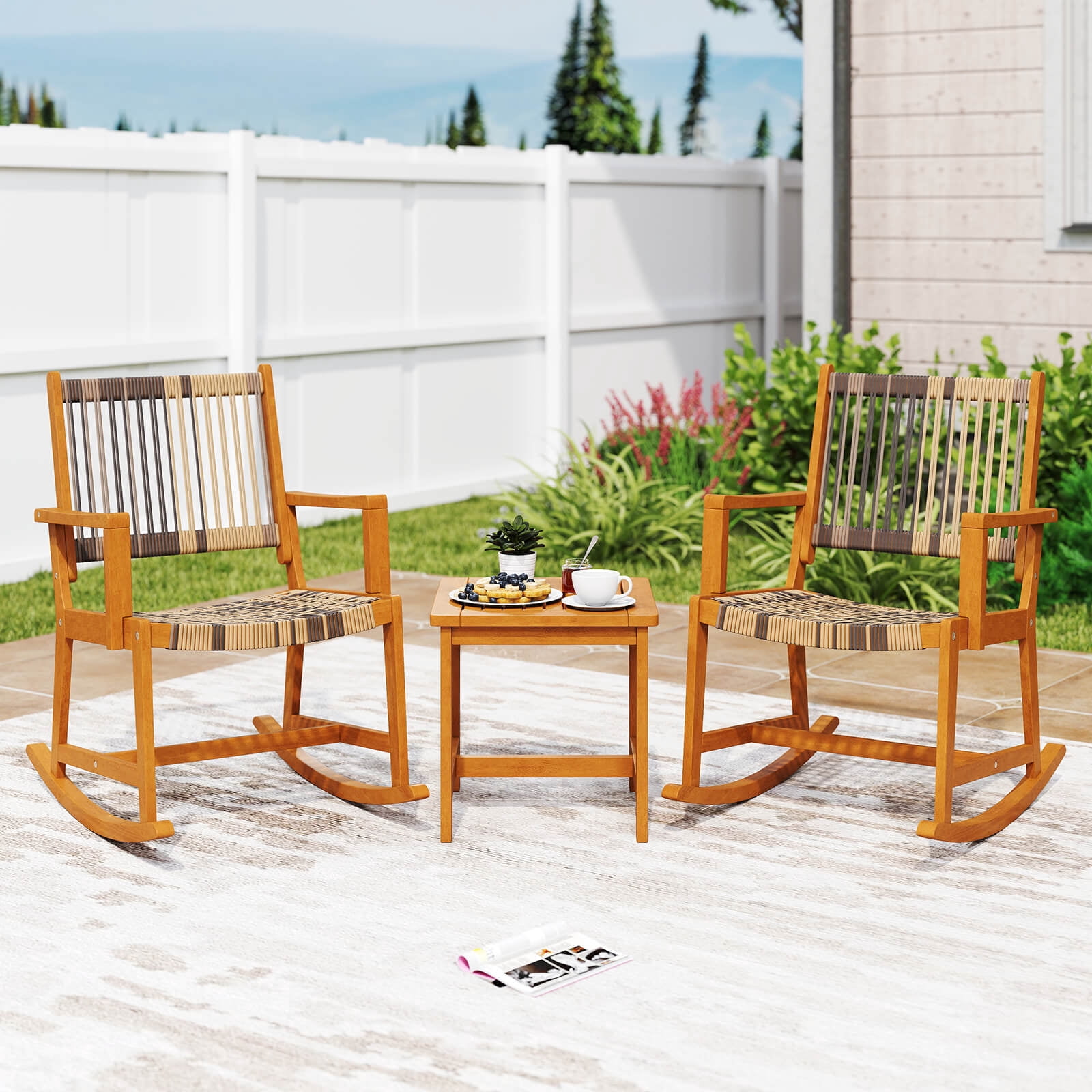 Costway 3 Piece Patio Rocking Bistro Set with Rattan Chairs and Square Side Table (Brown, 3 Piece Set) z81pt