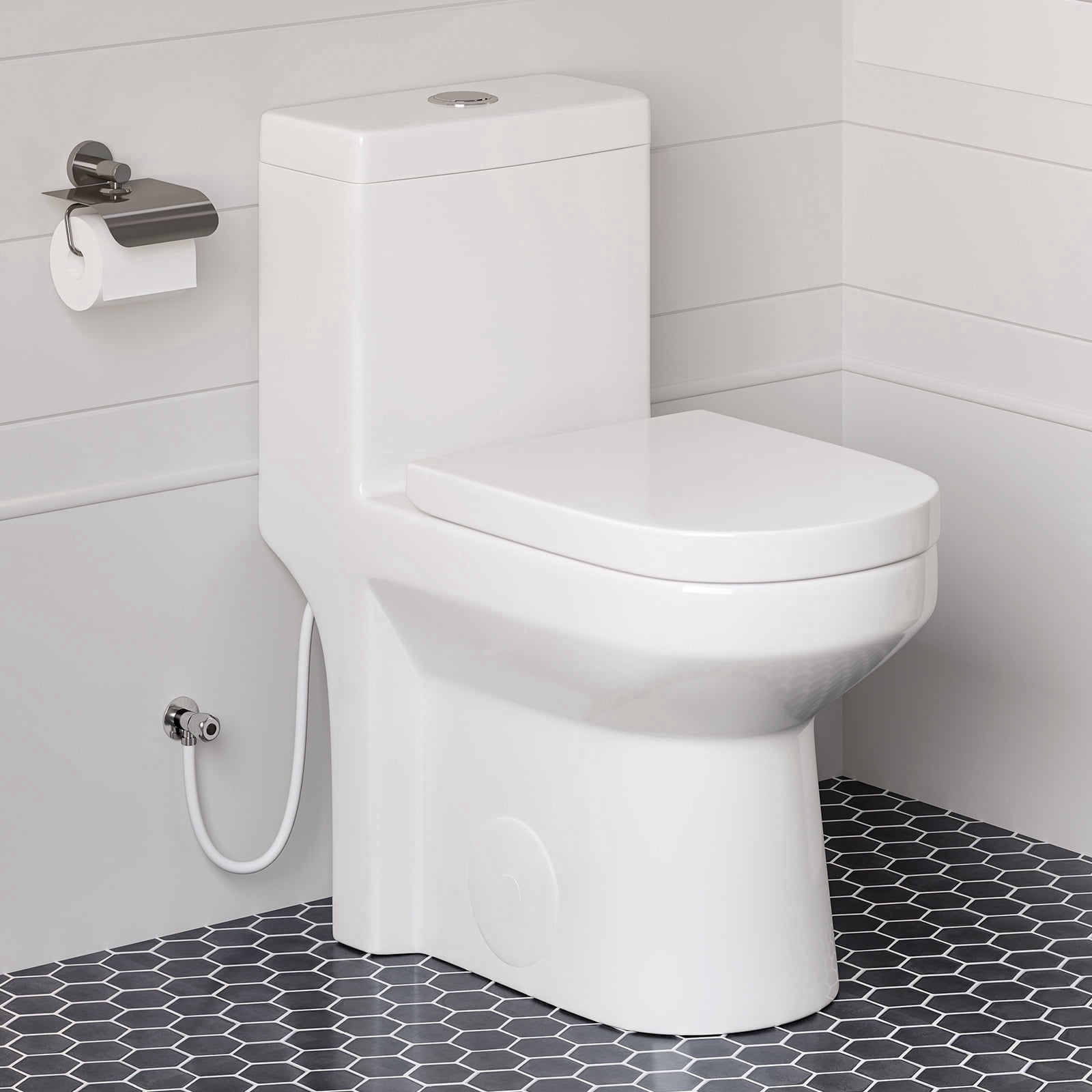 HOROW Compact One-Piece Elongated Toilet, Dual Flush Water-Saving Bathroom Commode (White, 12 in Rough-in) v7ila