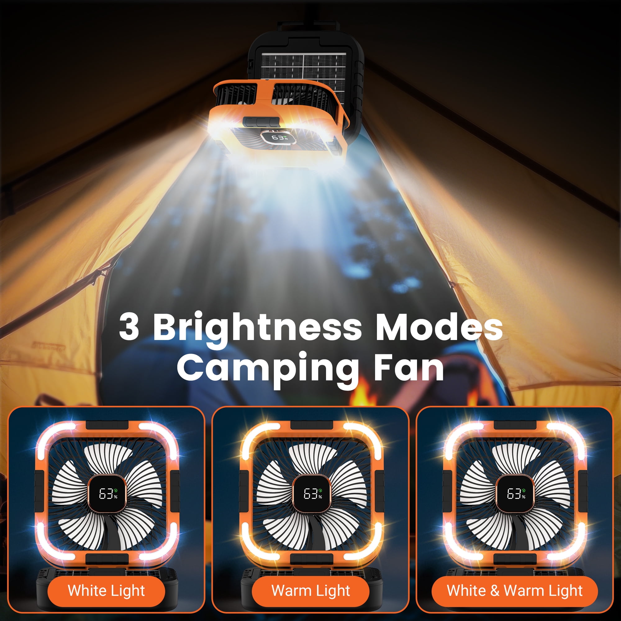 RUNACC Solar Camping Fan with LED Light, 10000mAh Rechargeable Portable Oscillating Fan (Orange, 10000mAh) 70k1h