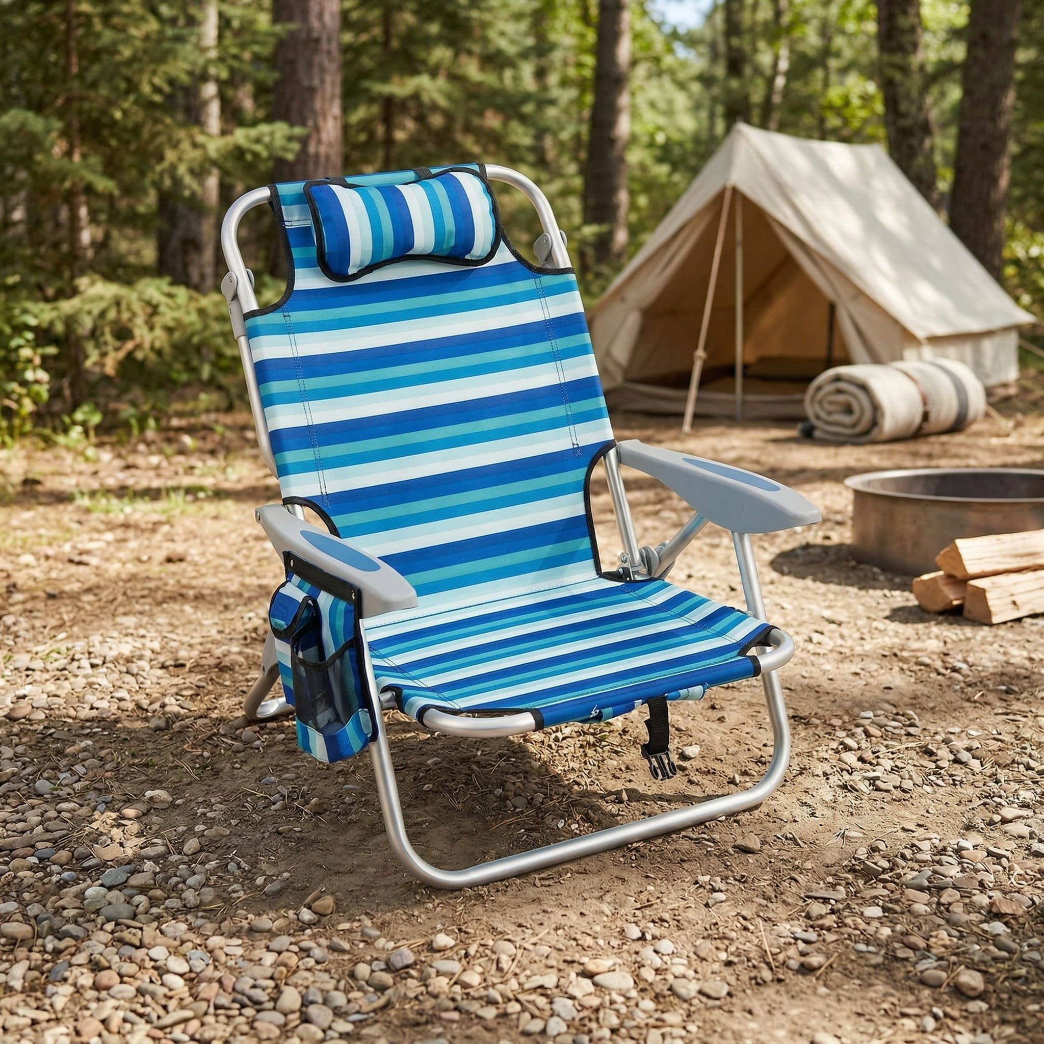 Resenkose Portable Folding Beach Chair, 4-Position Adjustable Reclining Outdoor Lounger with Cooler Bag (Blue, 7.5 lb) 1mmca