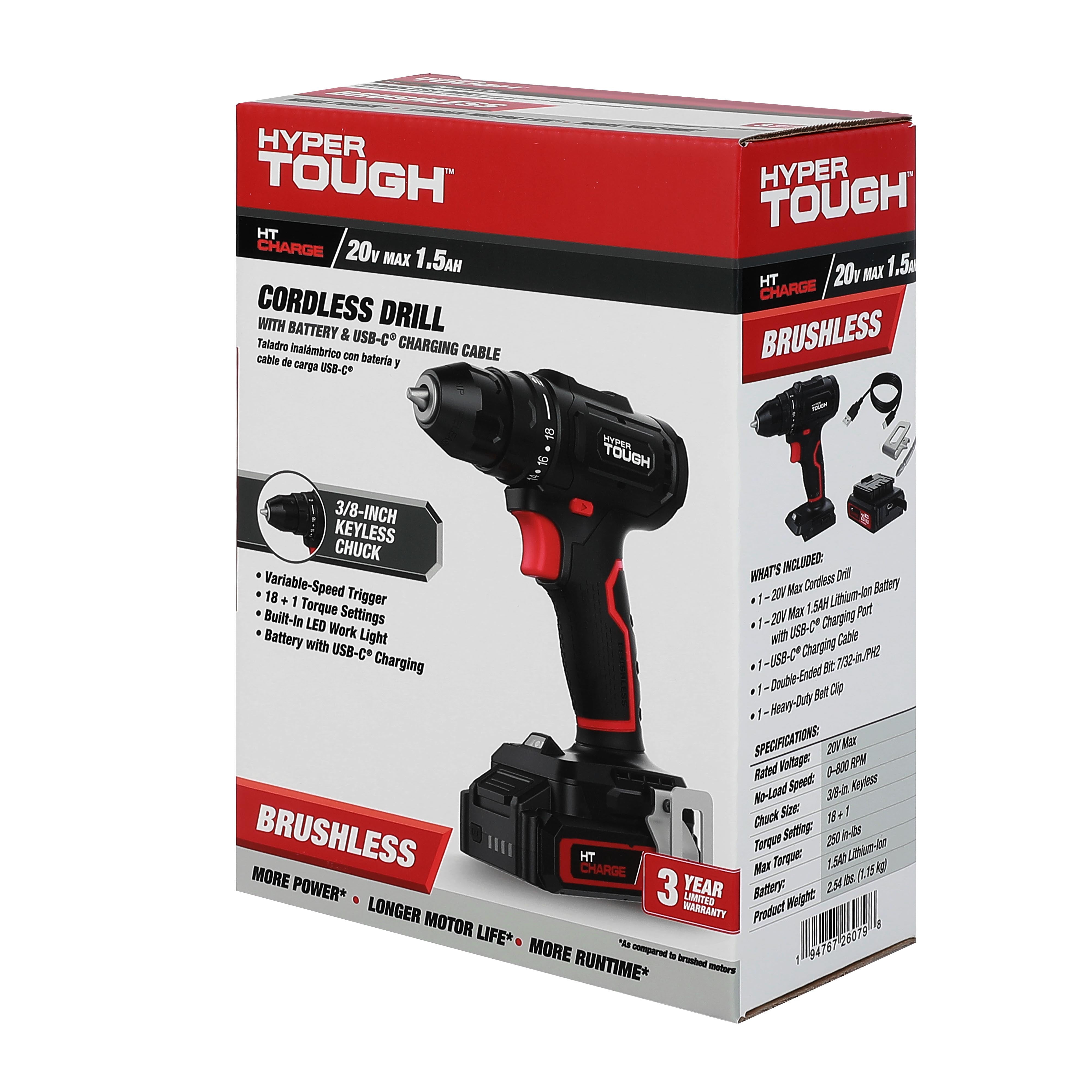 Hyper Tough 20V Brushless Cordless Drill with 1.5Ah Battery and USB-C Charging Cable (Black, 1-Speed) yd6l7