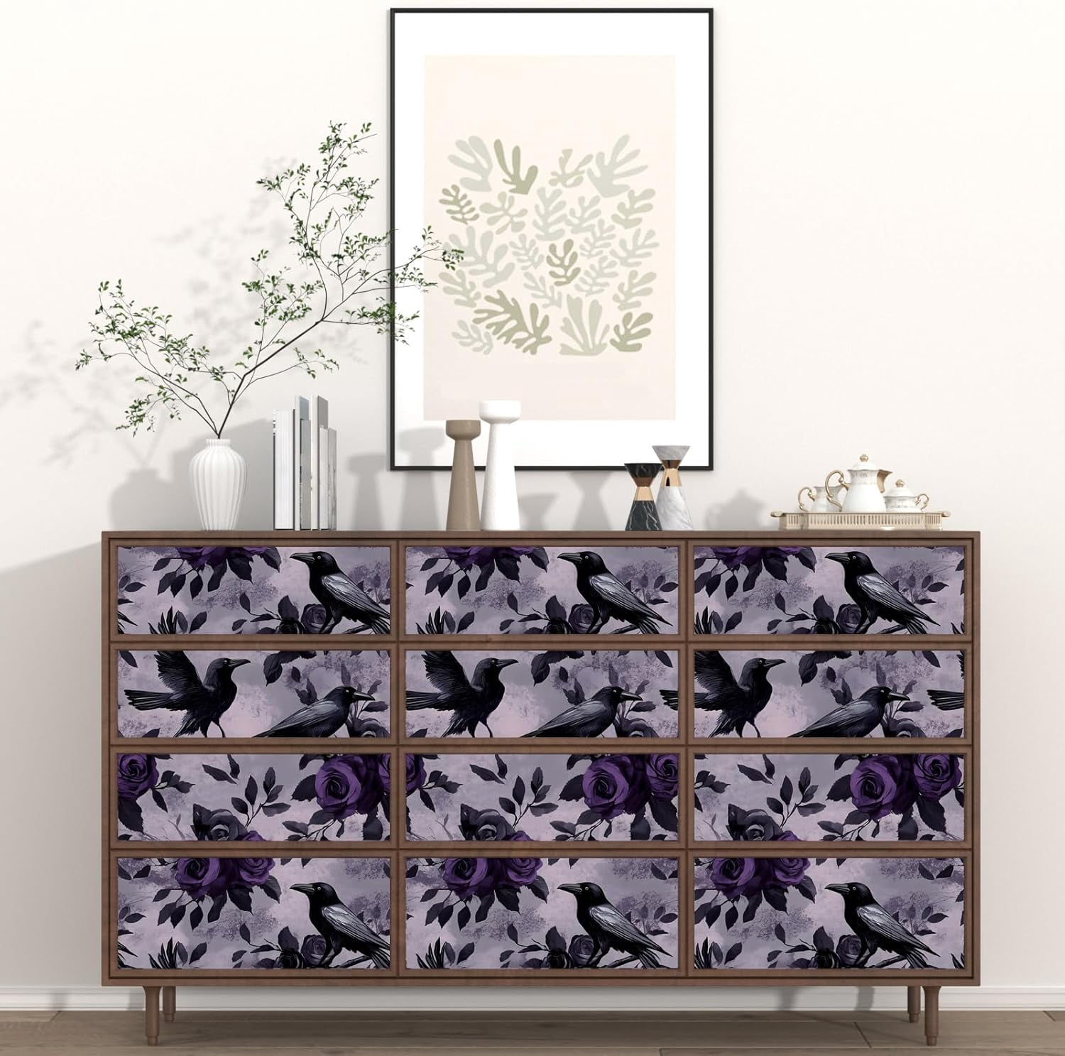 Usachibb Peel and Stick Wallpaper, Crane Bird Floral Contact Paper (Dark Green, 17.5 in x 118 in) 8ncdf