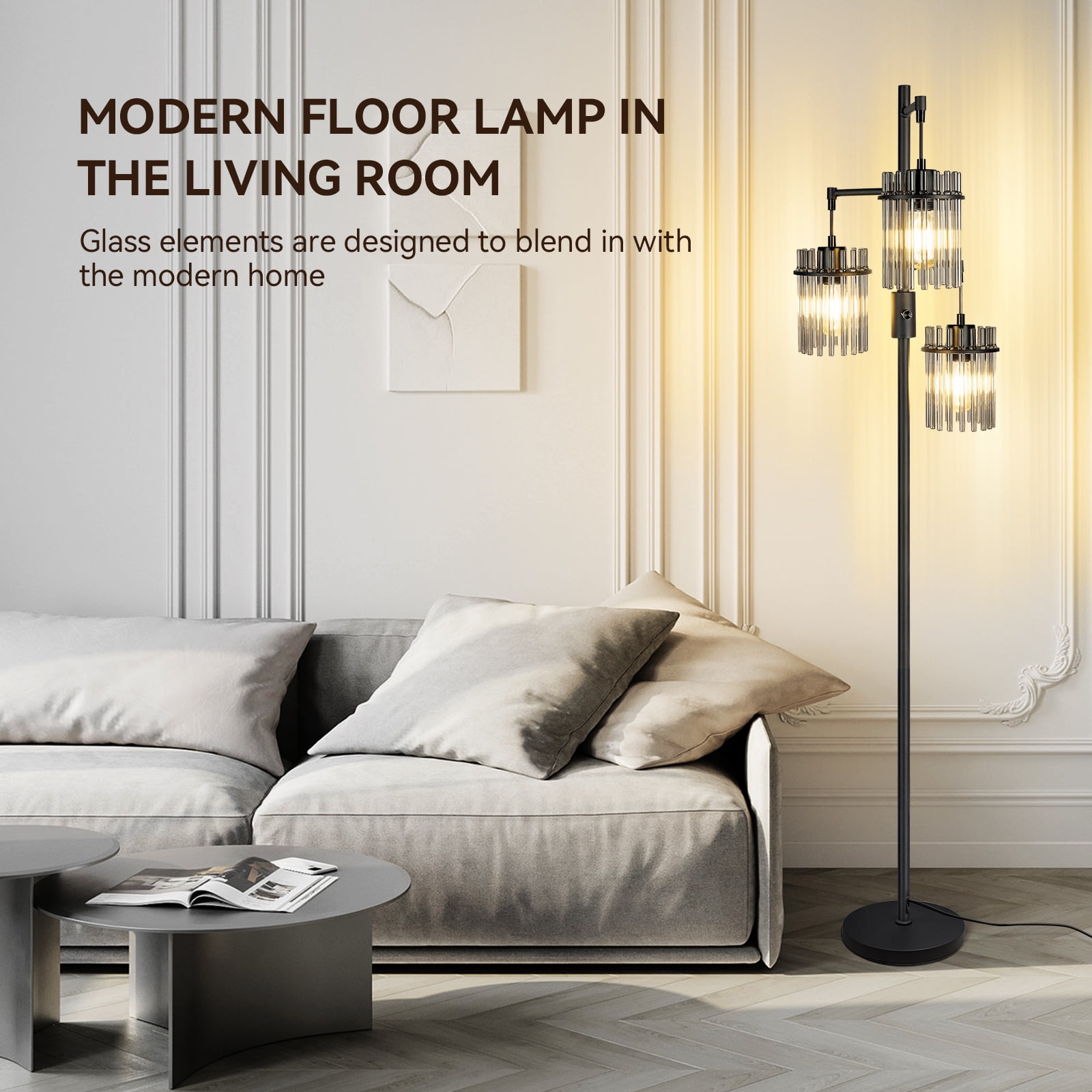 Muaket Industrial Modern Floor Lamp, Dimmable Tree Standing Light with 3 Teardrop Glass Cage Shades (Black, 65 in) yh6qg