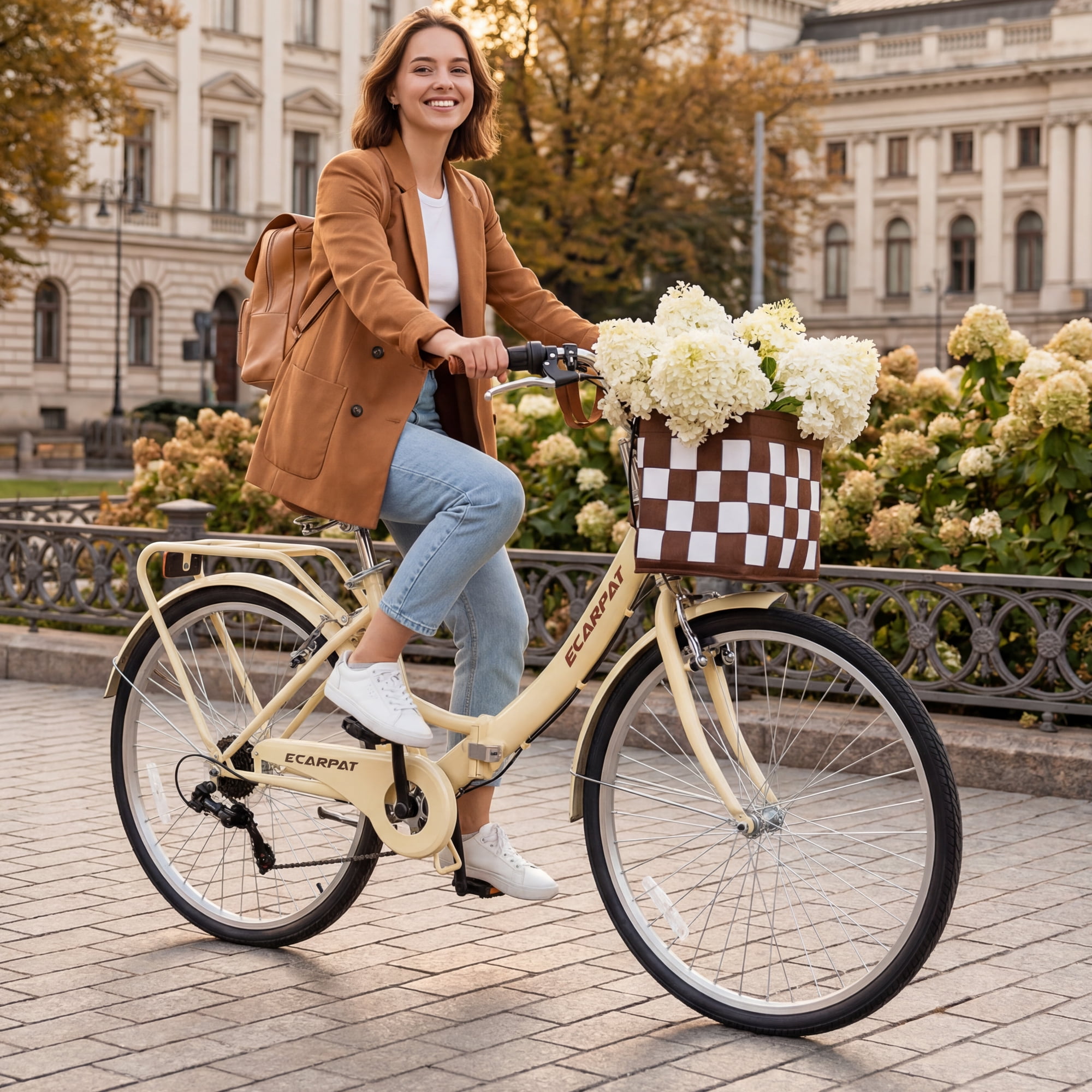 Tyethy 26-inch Womens Beach Cruiser Bike, 7-Speed Steel Frame City Bicycle (Beige, 26 in) 14zmv