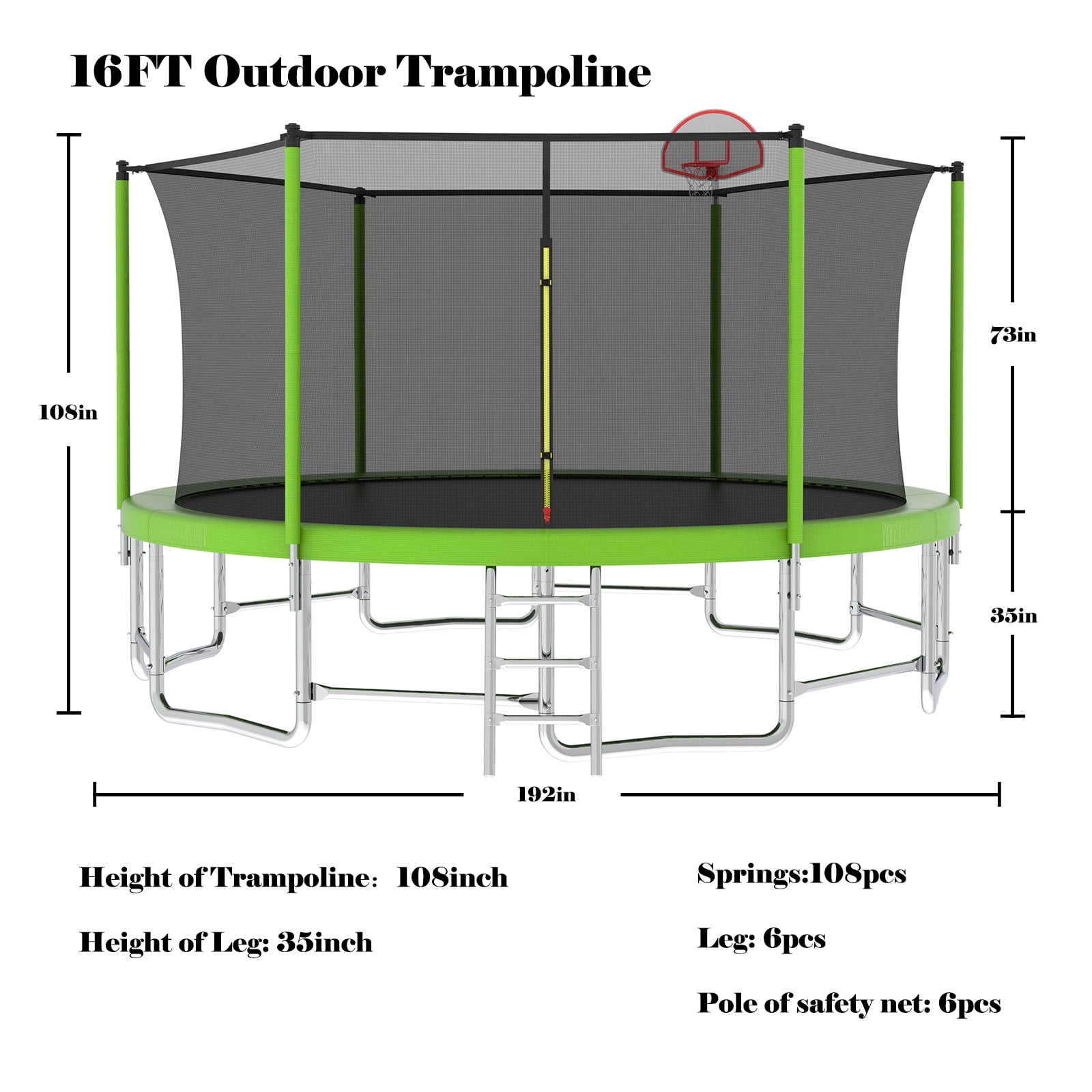 Segmart 16 ft Outdoor Recreational Trampoline with Basketball Hoop and Safety Enclosure Net (Green, 1320 lb) z3gvl