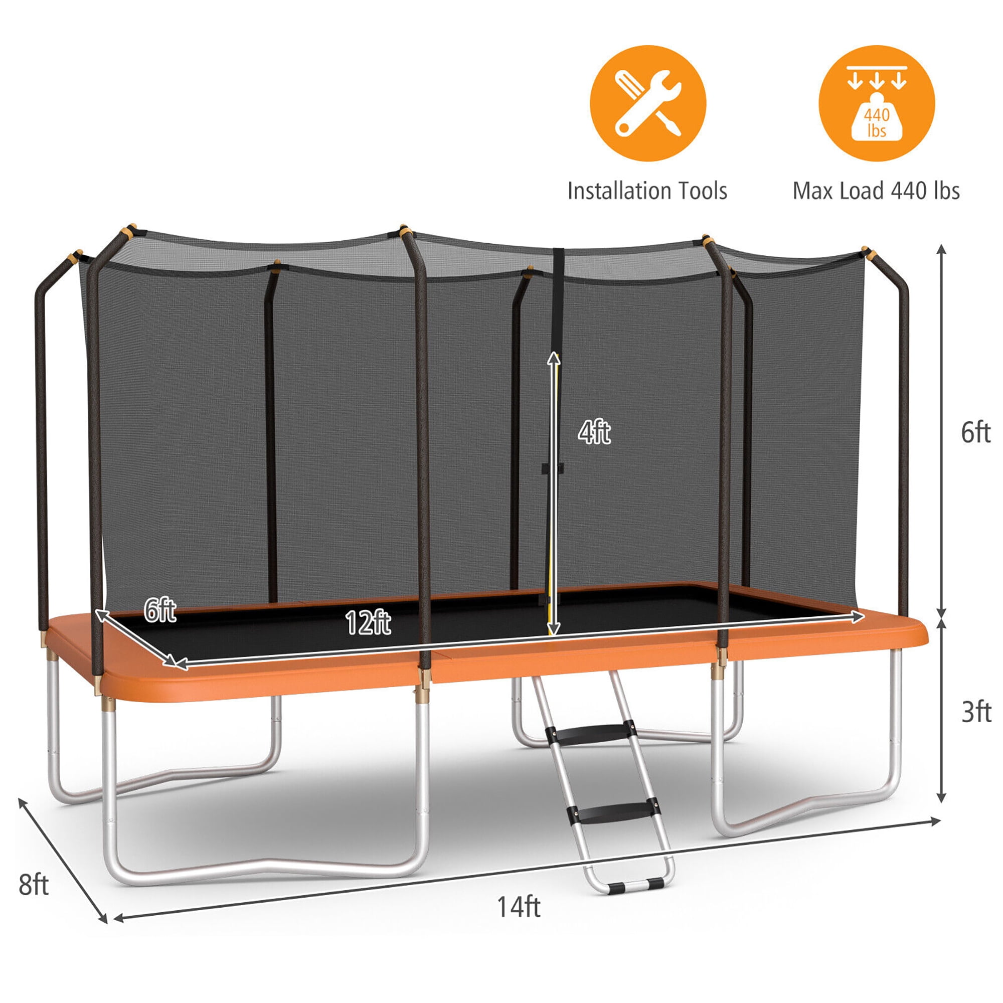 Gymax 8 ft x 14 ft Rectangular Recreational Trampoline with Safety Enclosure Net and Ladder (Orange) zlbq2