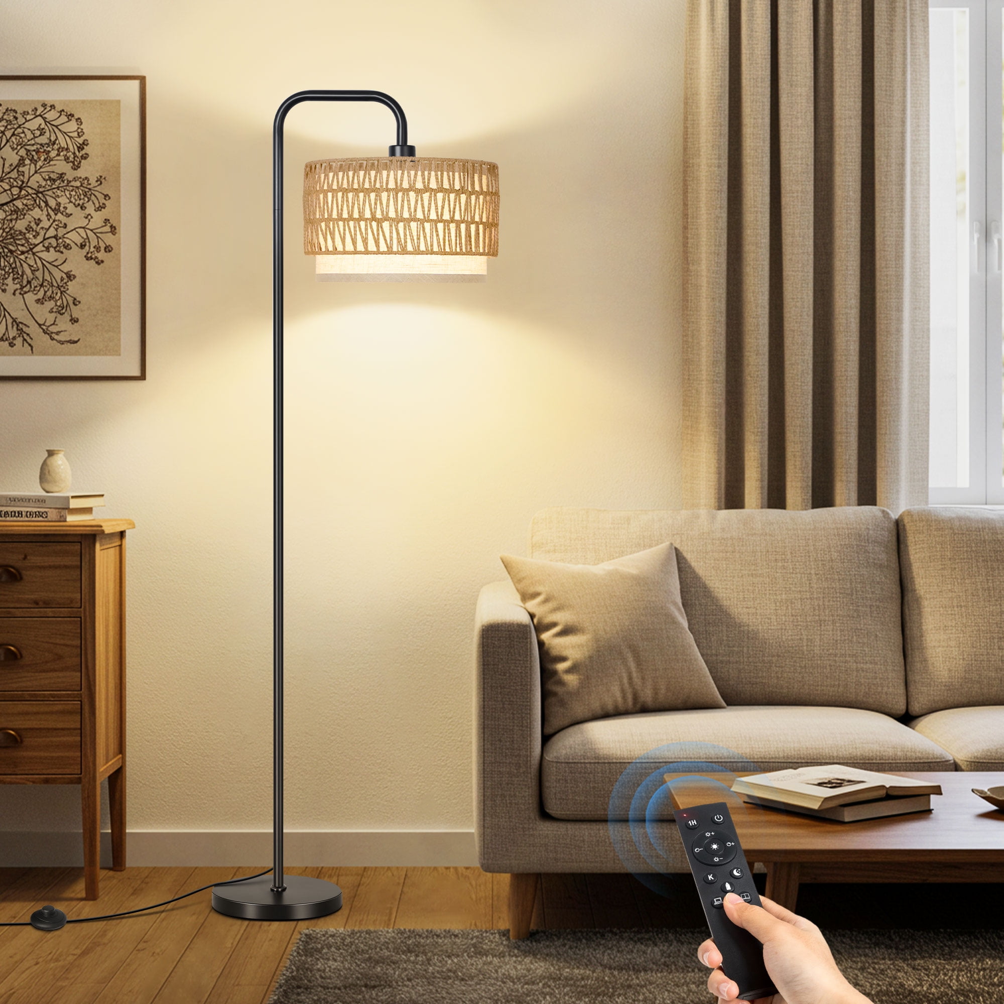 Outon Boho Floor Lamp with Rattan and Linen Double Shades, Adjustable Color Temperature Standing Lamp for Living Room (Black, 6 ft Cord) f2sue