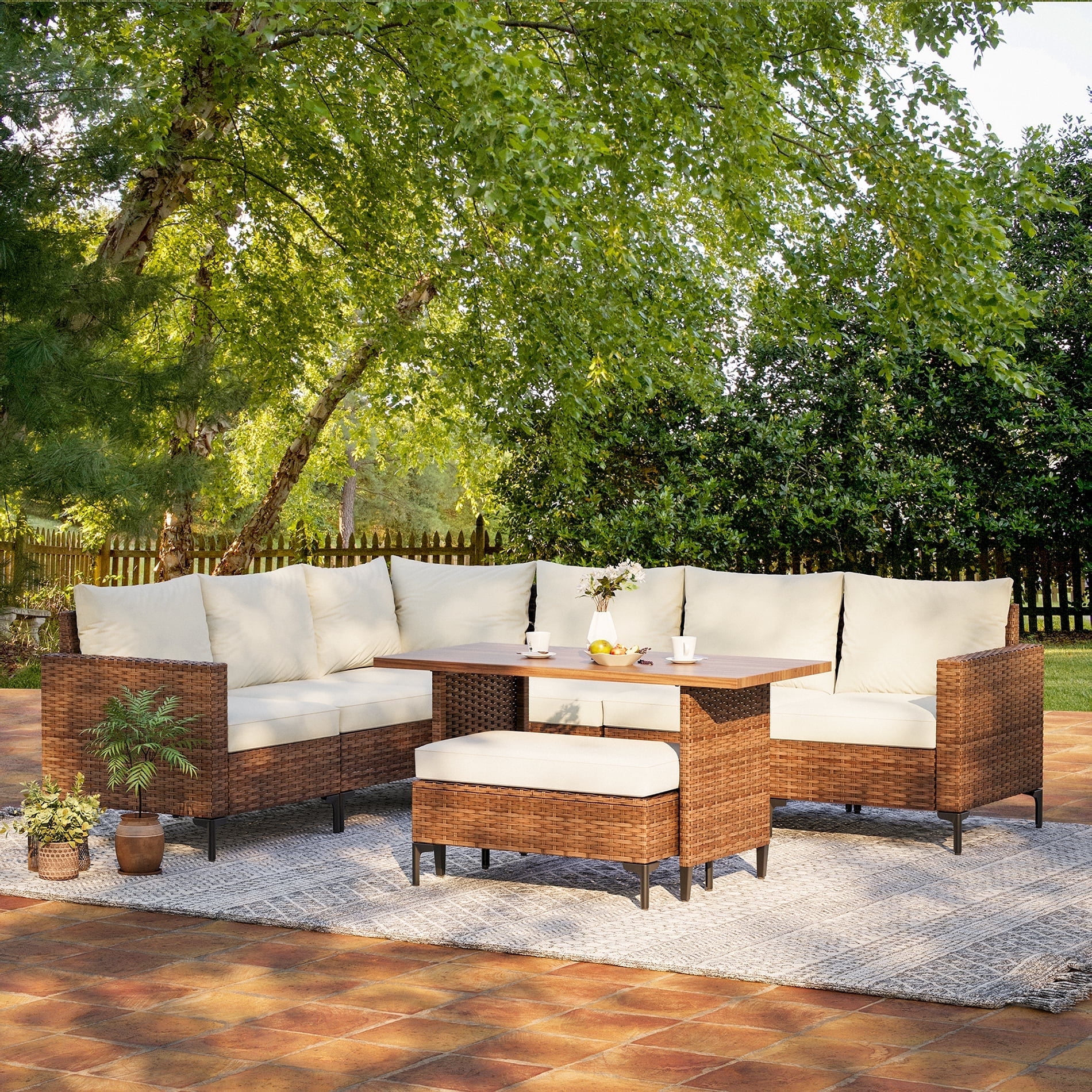 Lausaint Home 8-Piece Patio Furniture Set, Outdoor Wicker Conversation Set with Adjustable Backrest and Storage Ottoman (Beige, 8-Piece) ba36w