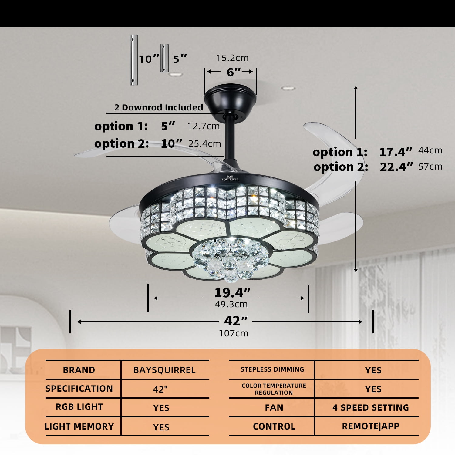 BAYSQUIRREL Retractable Crystal Ceiling Fan with RGB LED Light, Bluetooth Speaker, Remote & APP Control (42 in) 68jc5