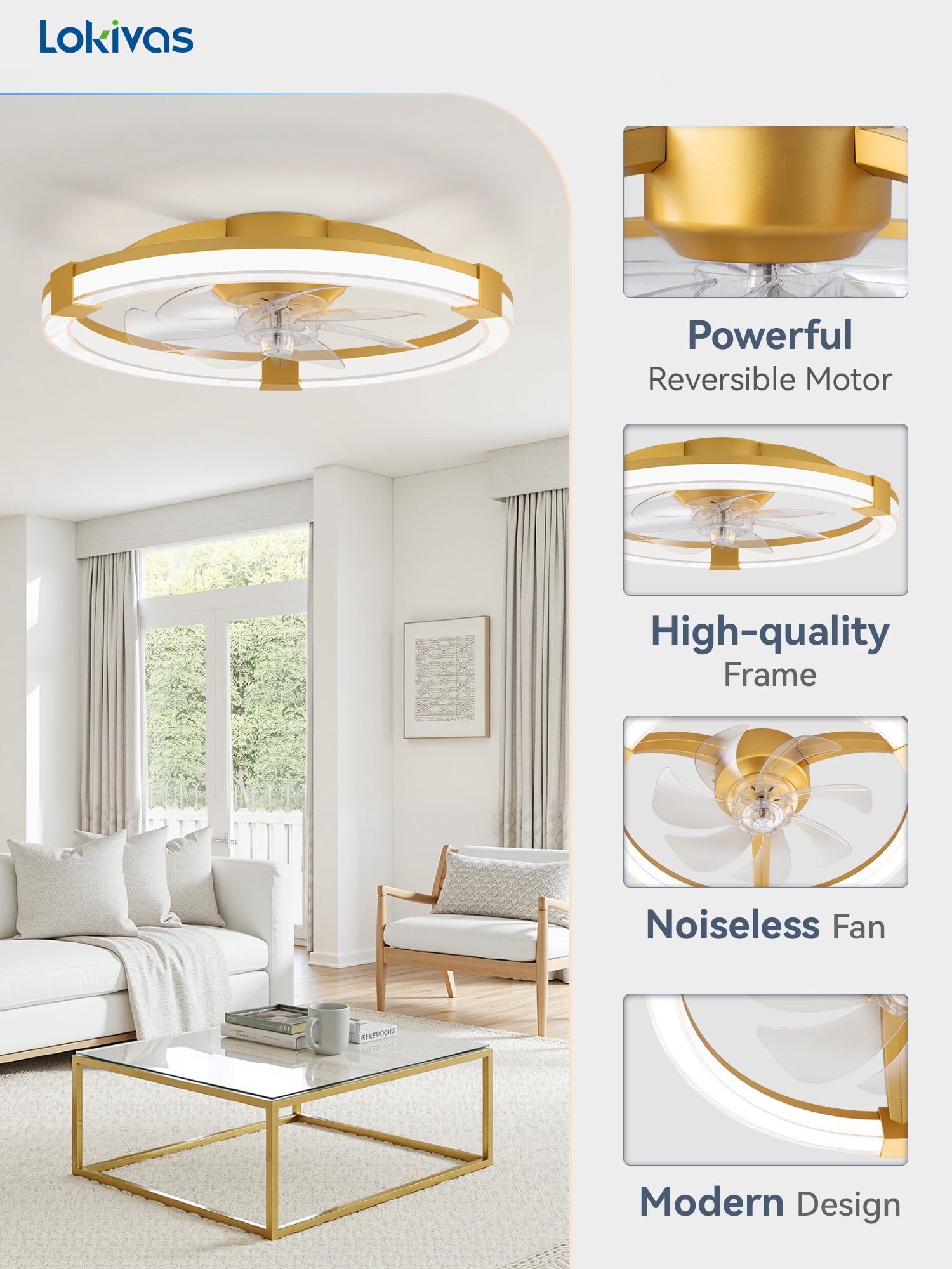 Lokivas 20in Low Profile Ceiling Fan with LED Lights and Remote Control (Gold, 20 in) 3c1p3