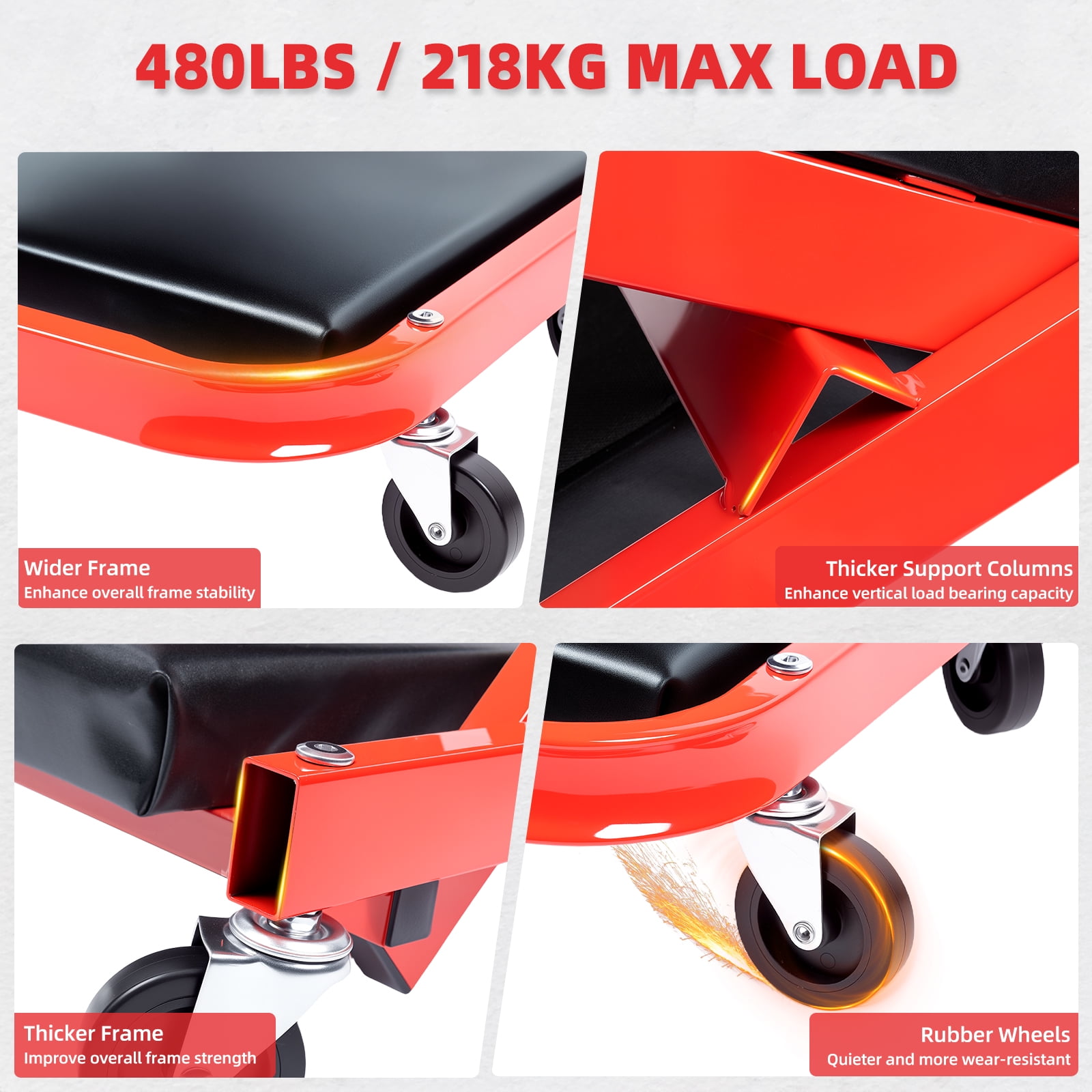 WheelX 2-in-1 Mechanic Creeper and Rolling Seat, Heavy-Duty Shop Stool with 6 Swivel Casters (Red, 40 in) 7ryqy