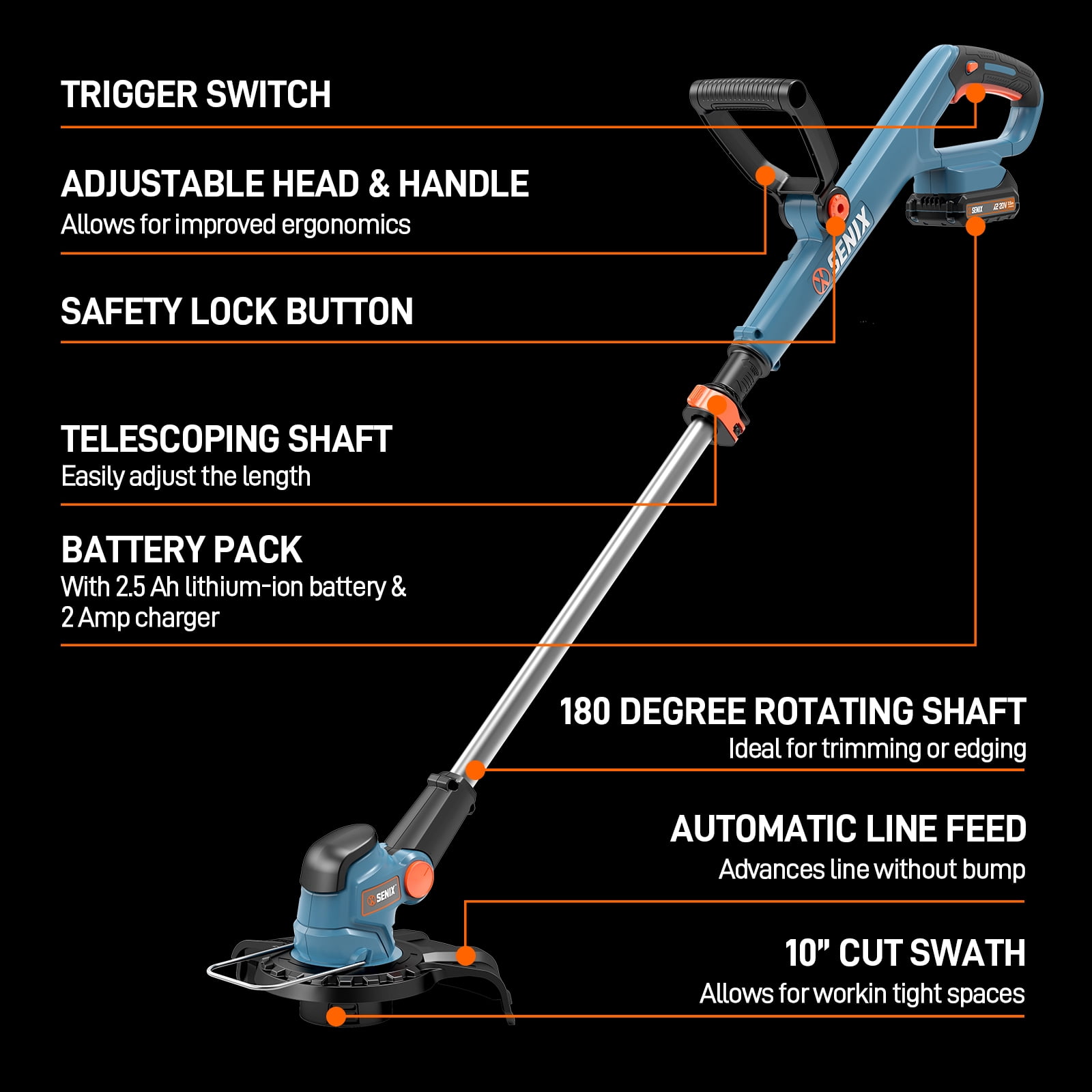 Senix 20V Cordless String Trimmer with 2.5Ah Battery and Charger (10 in, Green) vos58