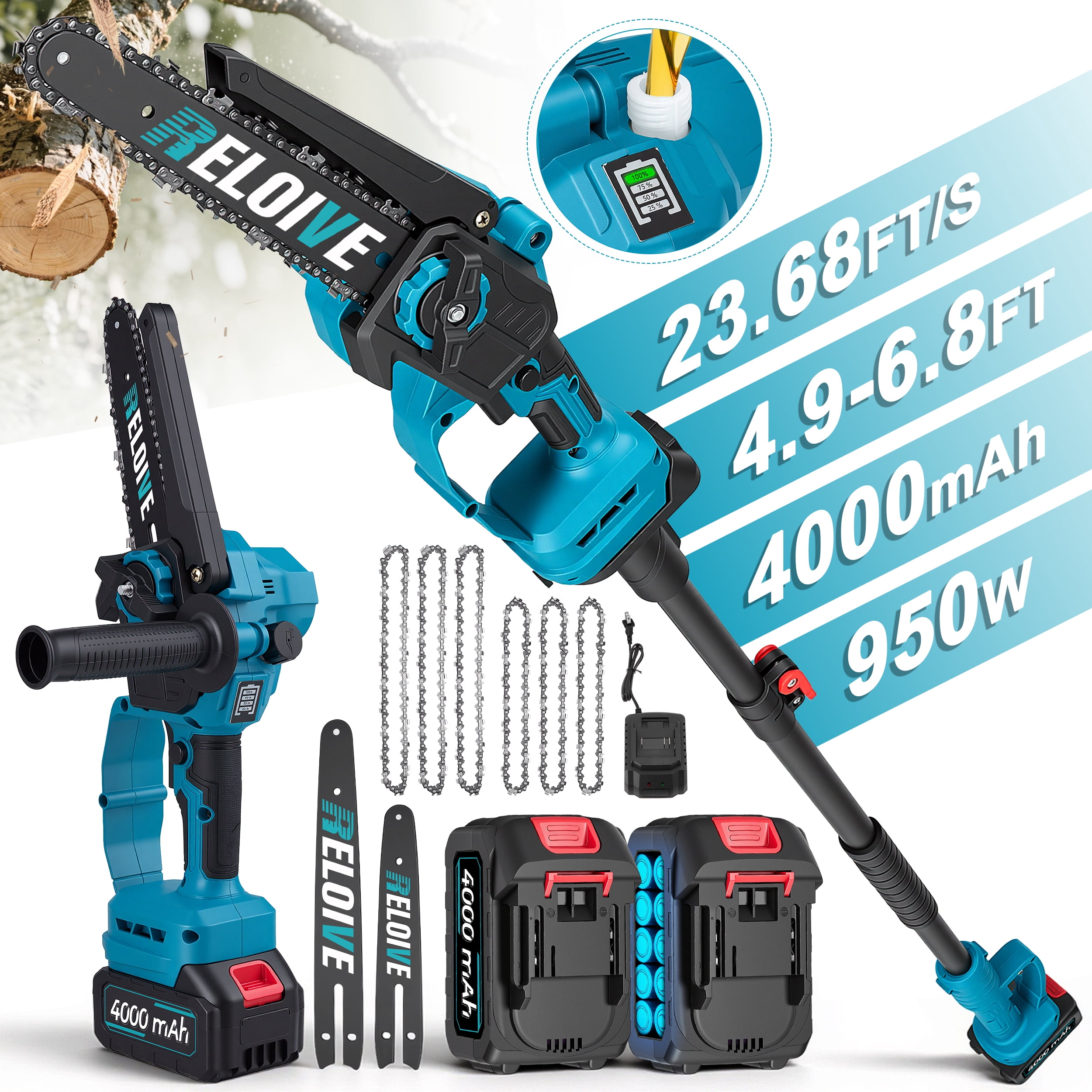 RELOIVE 3-in-1 Cordless Pole Saw and Mini Chainsaw Set, Telescoping Branch Cutter (4.9-6.8 ft, 2 Batteries) bfvpx