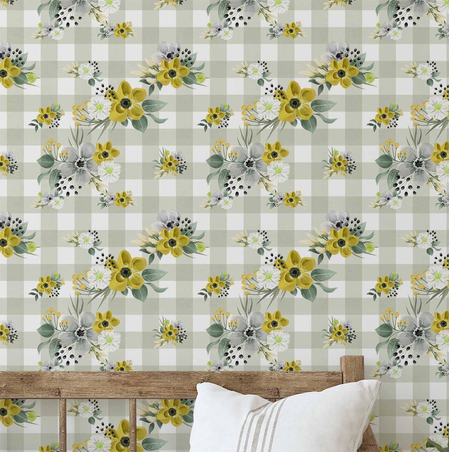 S4Sassy Floral Plaid Wallpaper Self-Adhesive Vinyl Wall Covering (Yellow, 25 in x 120 in) ysau0