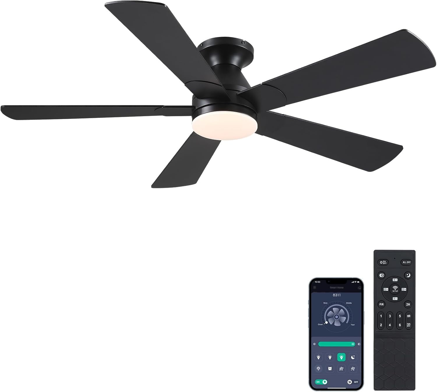 Phorus 52in Flush Mount Ceiling Fan with Dimmable LED Lights and Remote Control (Black, 52 in) 56ws9