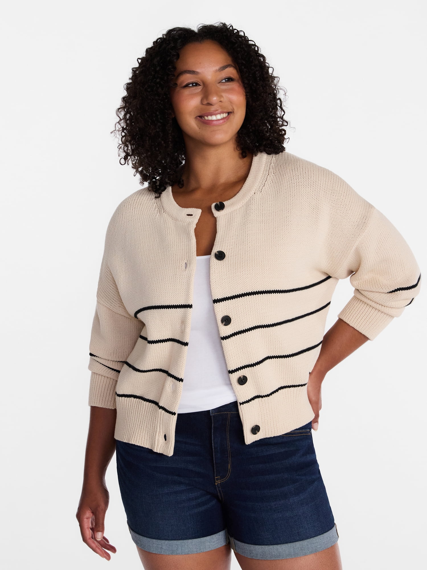 Time and Tru Women's Striped Cardigan Sweater Long Sleeve Crewneck (Beige, XS) rhaya