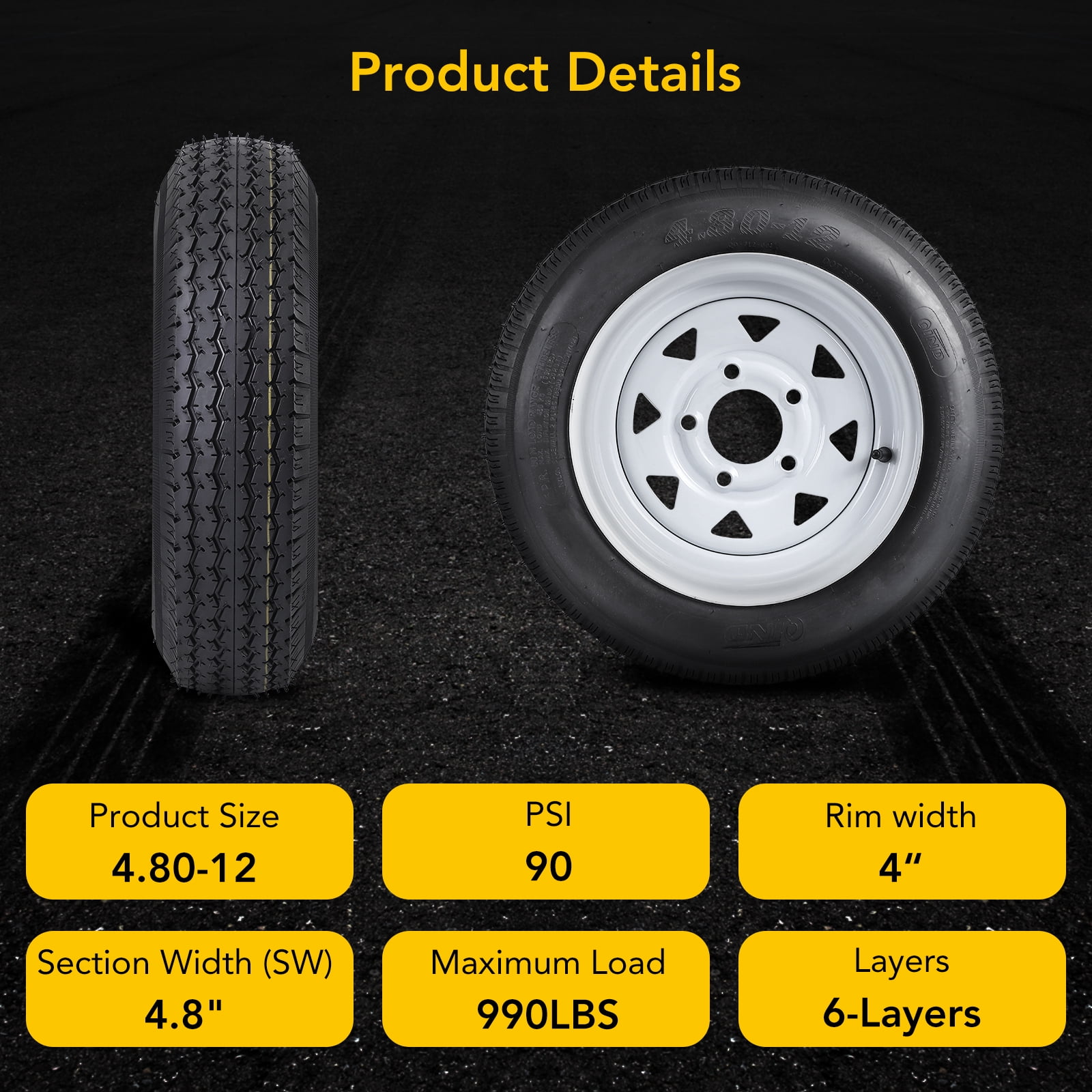 Telyswee 4.80-12 Trailer Tire and Rim Assembly (5 Lug on 4.5 in, Load Range C, 6PR, Set of 2) x3v6h
