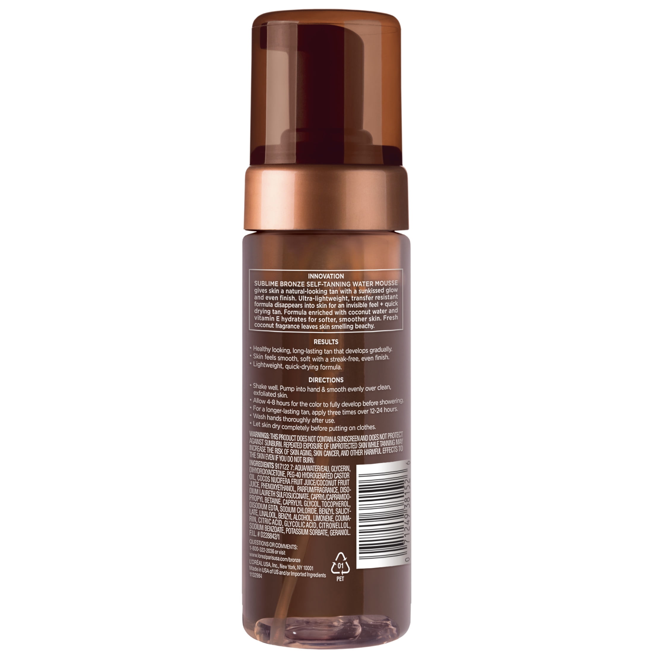 L'Oreal Paris Sublime Bronze Self-Tanning Water Mousse, Streak-Free Natural Glow (Medium, 5 fl oz) 167ve