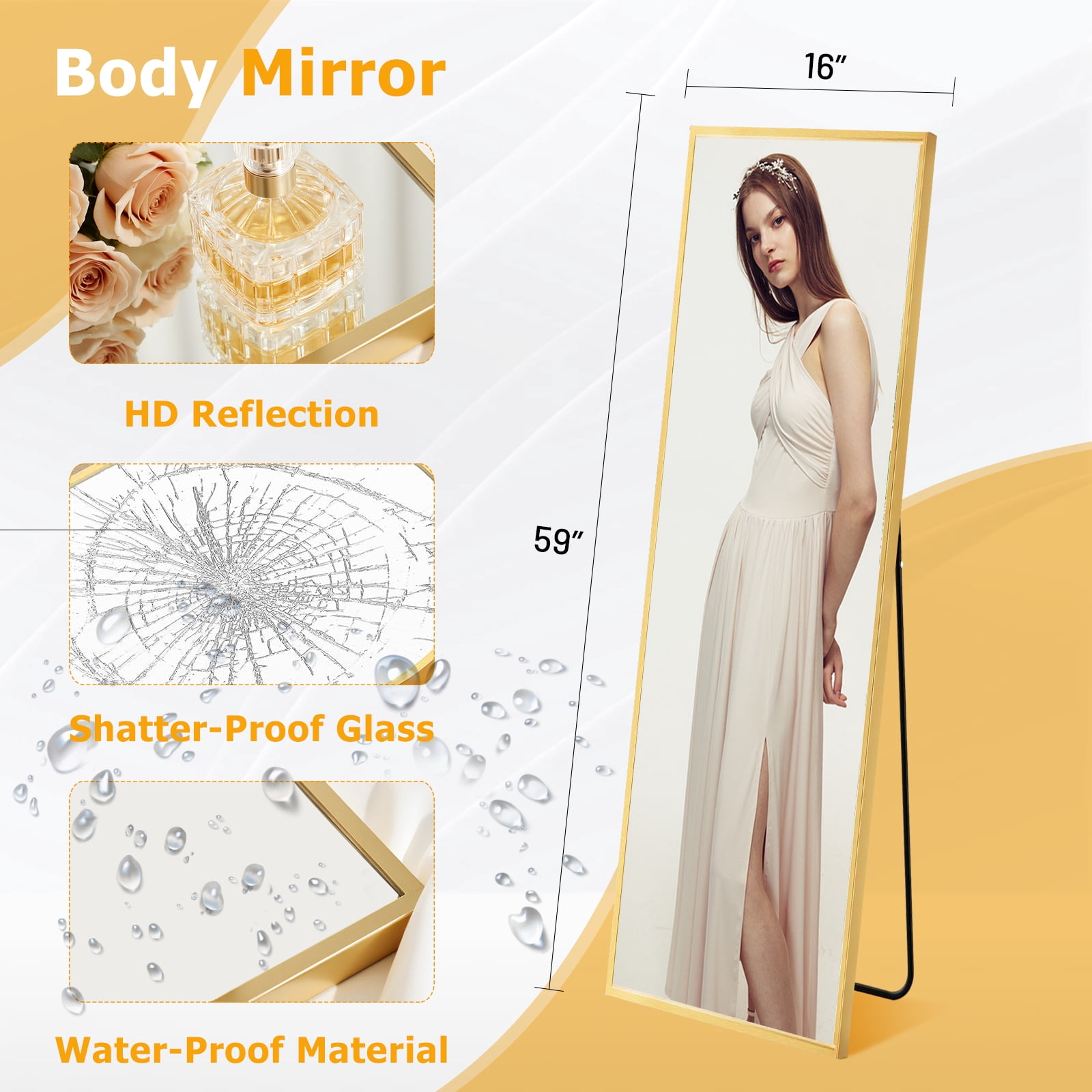 Blorly Full Length Mirror, Arched-Top Floor Mirror with Stand, Freestanding or Wall Mounted Full Body Mirror (Gold, 59 in x 16 in) zqz2q
