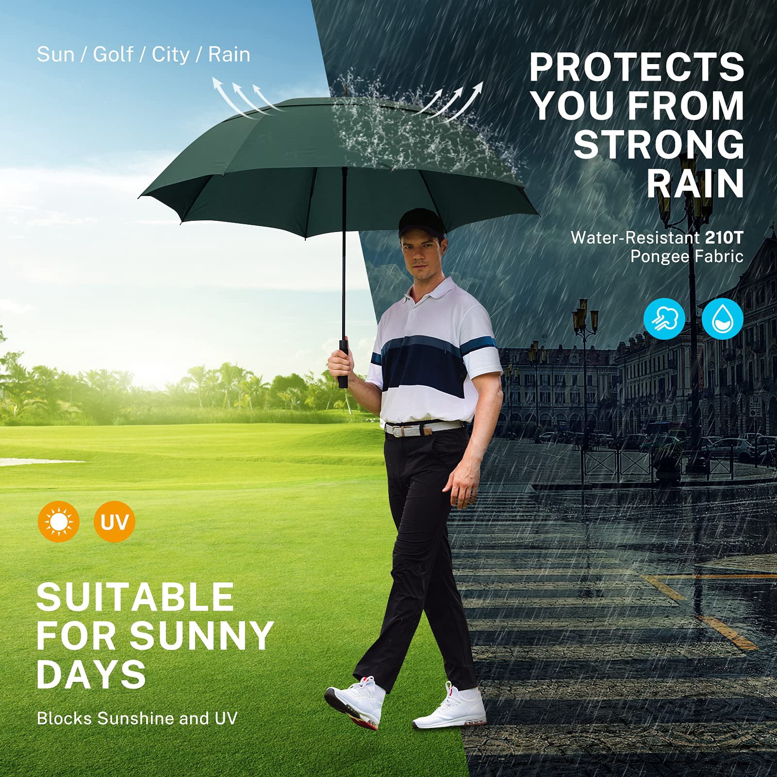 Gonex 68 Inch Automatic Open Golf Umbrella, Extra Large Windproof Double Canopy Stick Umbrella (Green, 68 in) 6mgt5