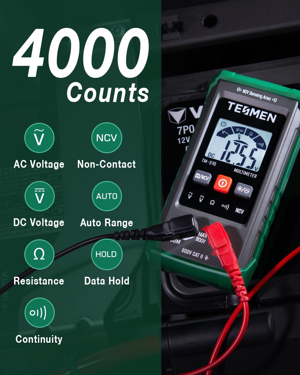 TESMEN TM-510 Digital Multimeter, Auto-Ranging Electrical Tester with 4000 Counts (1 Unit) 6i1kc