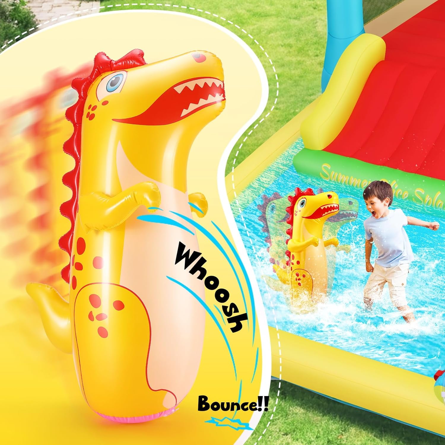 Veeboto Inflatable Water Slide Park with Blower, Bounce House with Climbing Wall and Basketball Hoop (Multi-color, 187 x 133 x 80 in) 0vefp