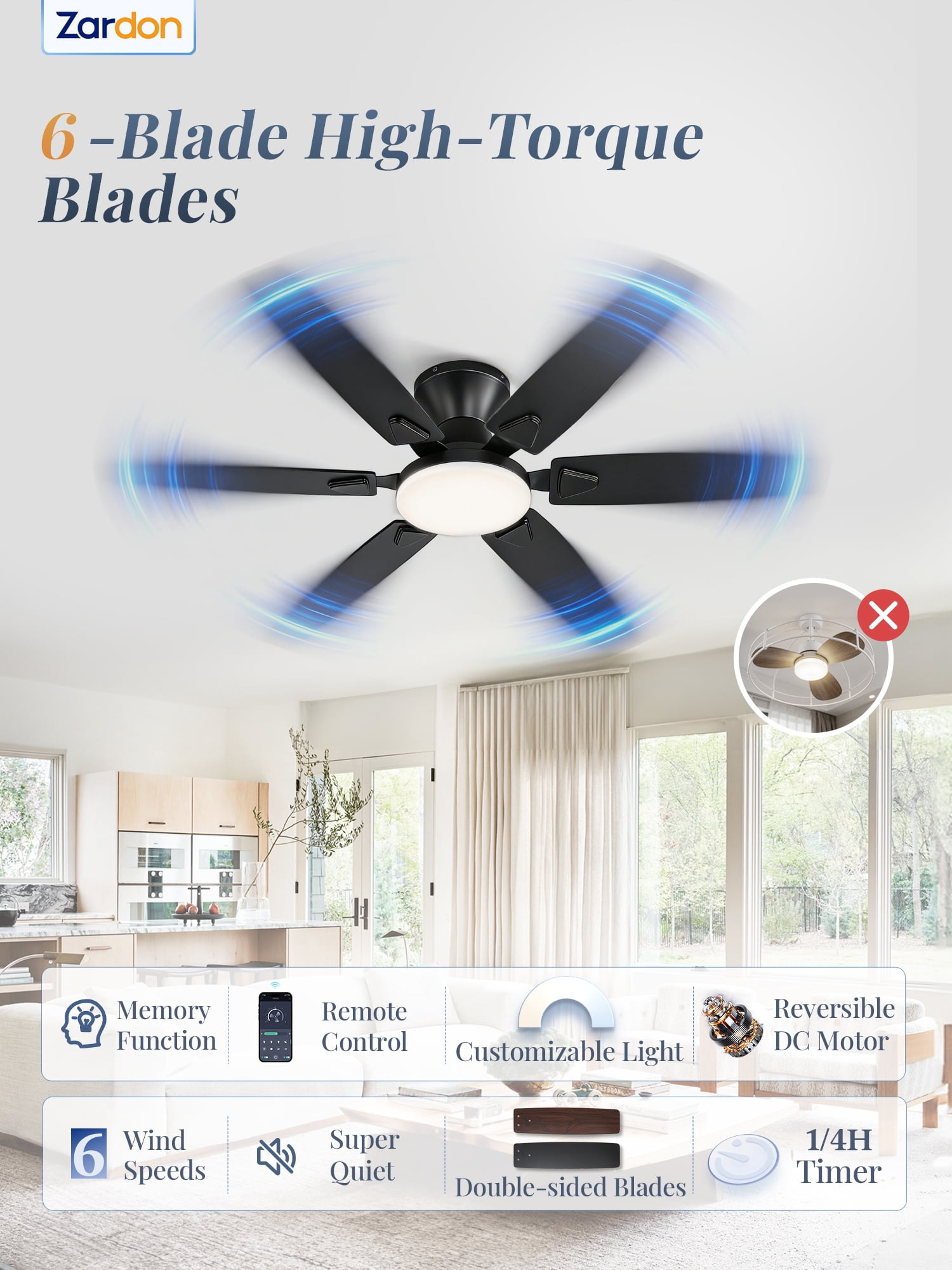 Lokivas 52in Ceiling Fan with Light, Modern 6-Speed Remote Control Reversible Motor for Bedroom and Living Room (Black, 52 in) ecuk3