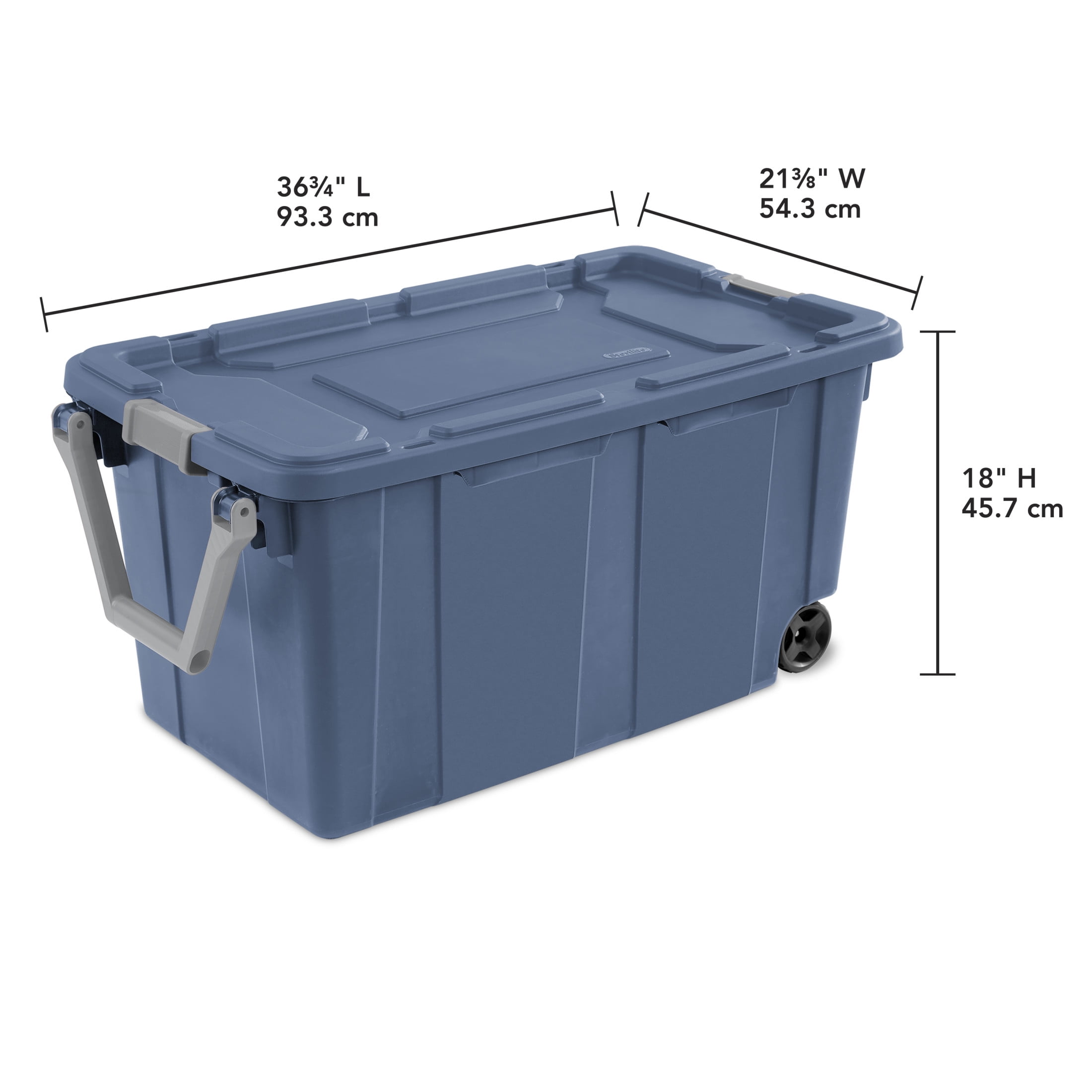 Sterilite Industrial Wheeled Storage Bin, Heavy-Duty Plastic Tote with Latching Lid and Pull Handle (Blue, 40 Gallon, 2 Pack) 1srgn