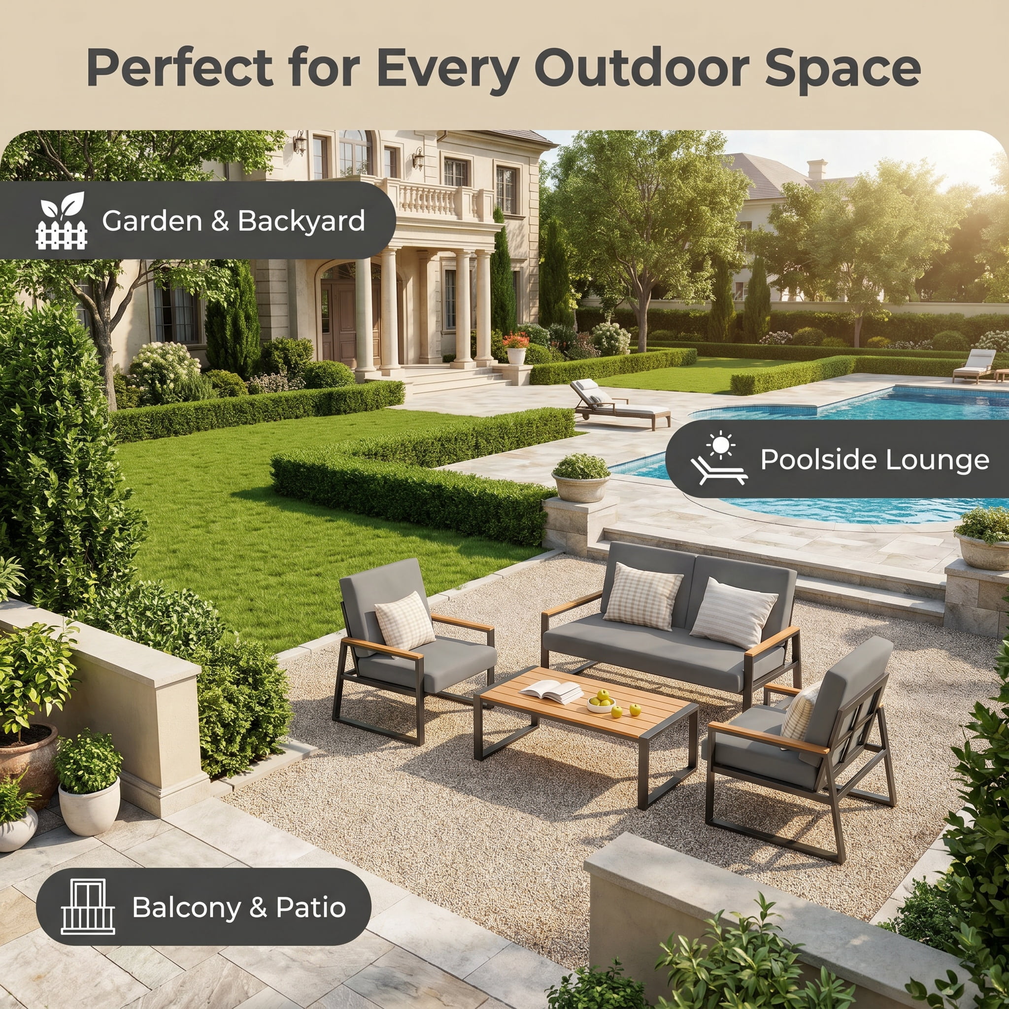 Lofka Outdoor Patio Furniture Set with Rectangle Wooden Table and Heavy-Duty Metal Frame (Gray, 4-Piece Set) 9j1r0