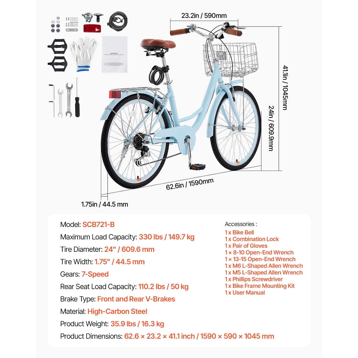 KFFKFF 24 in Cruiser Bike, 7-Speed Coastal Bicycle with Basket and Rear Rack (Sky Blue, 24 in) i47h3