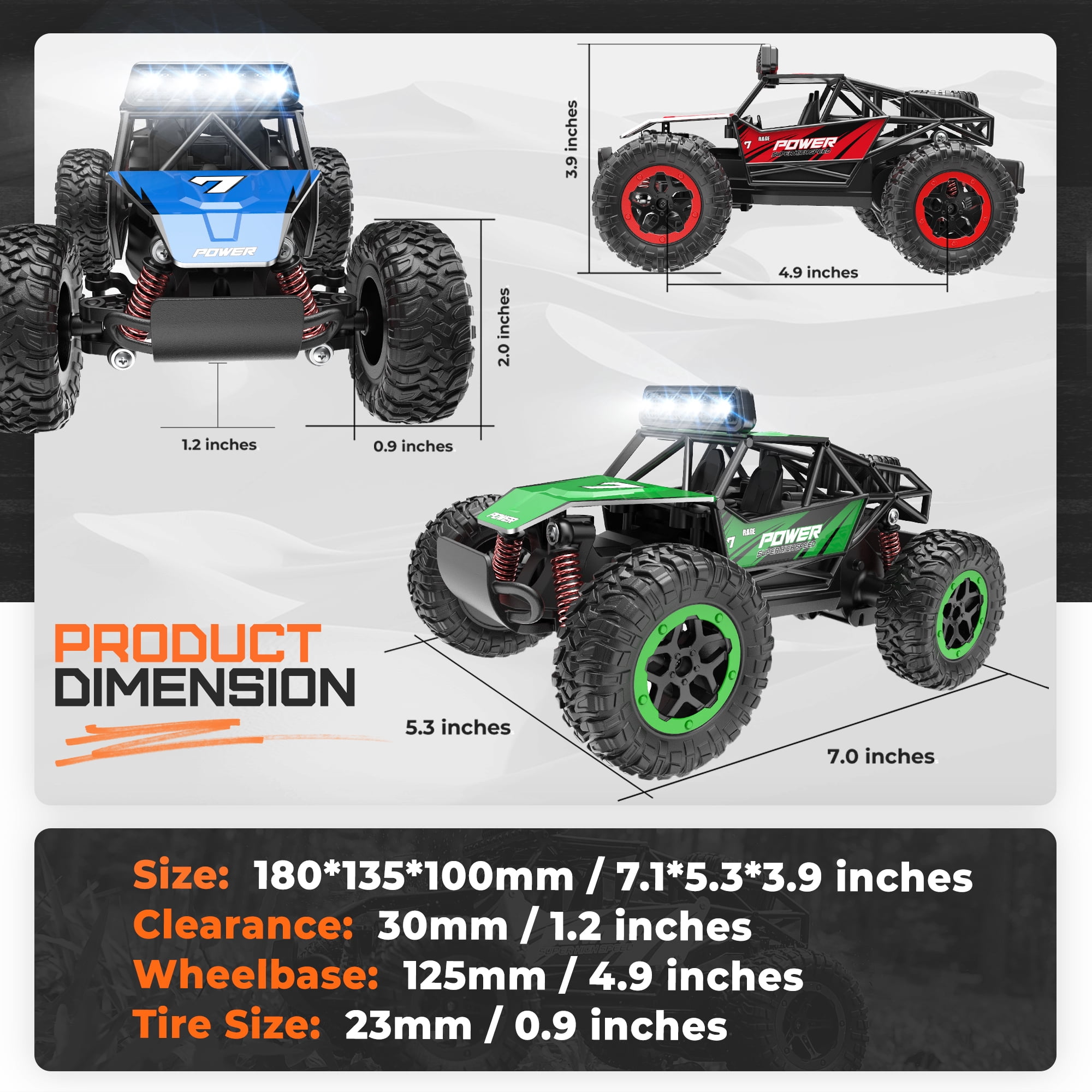 YCFUN Remote Control Monster Truck, All-Terrain RC Car with LED Lights (Blue, 1:20 Scale) jax7p