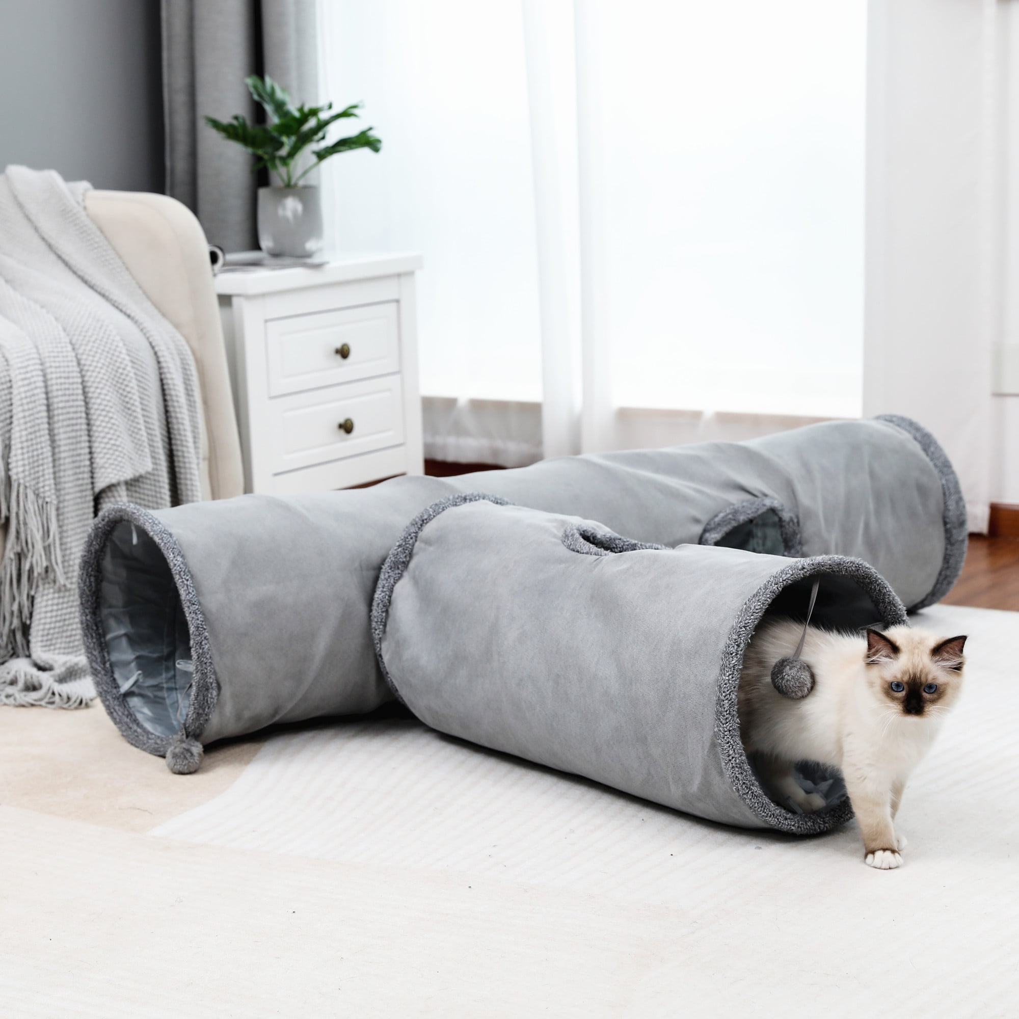 Pawz Road Cat Tunnel Collapsible Suede Hideaway Toy for Indoor Cats (Grey, 51.2 in) 1ggqj