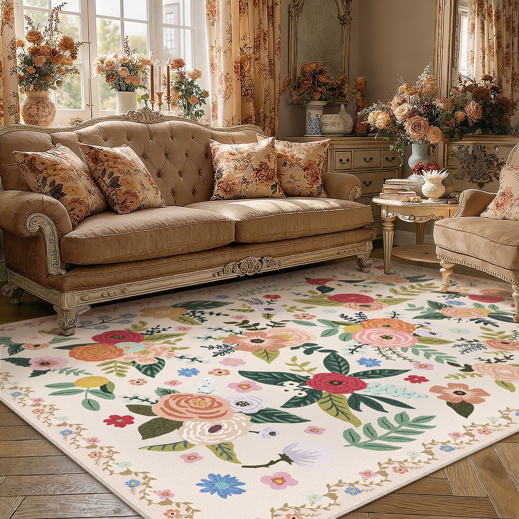 Berthmeer Vintage Floral Area Rug, Non-Slip Oriental Carpet for Living Room and Bedroom (Beige, 8 ft x 10 ft) mojfm