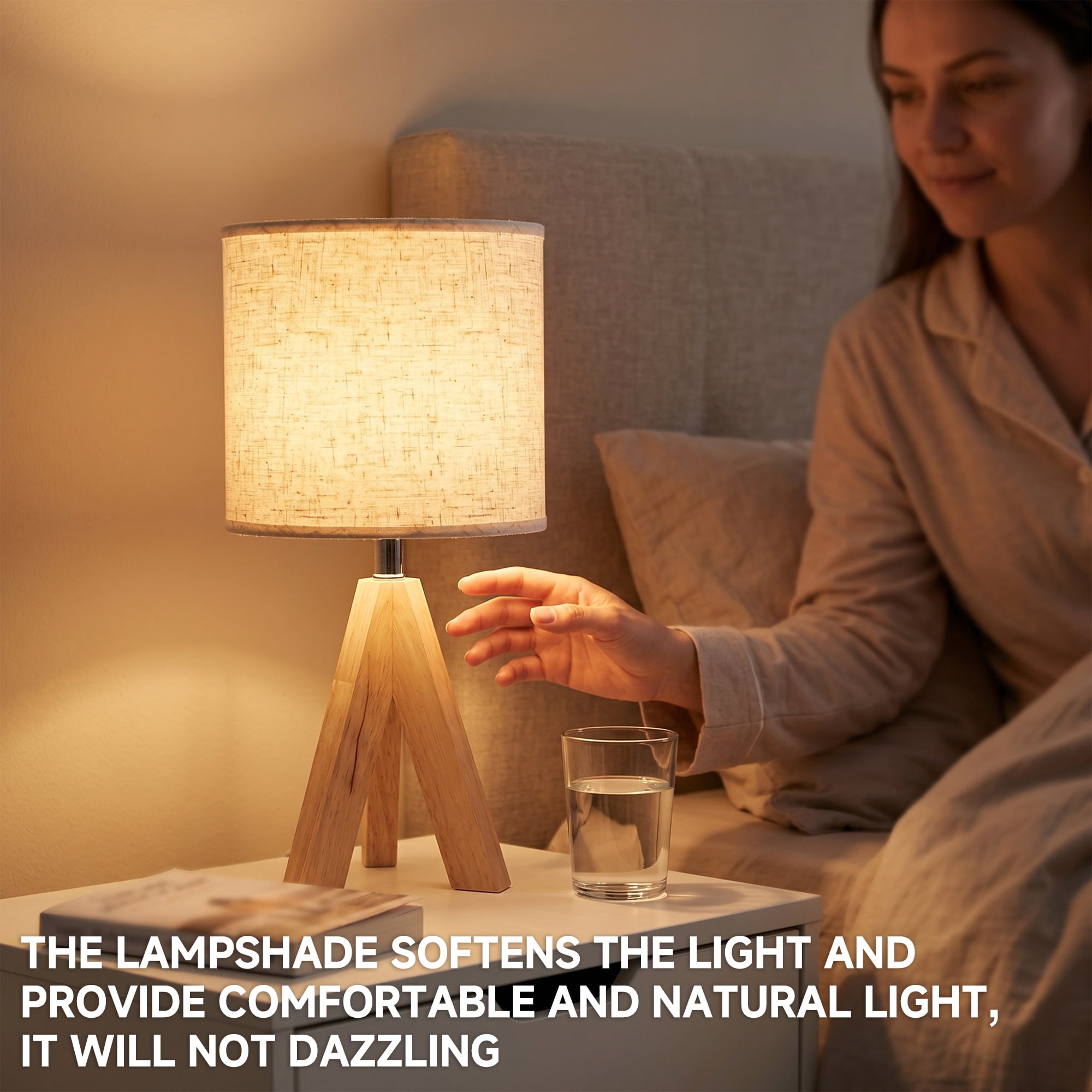 DAYBETTER Modern Wooden Tripod Table Lamp with 3 Color Temperatures (Light Brown, 15 in) pg1gx