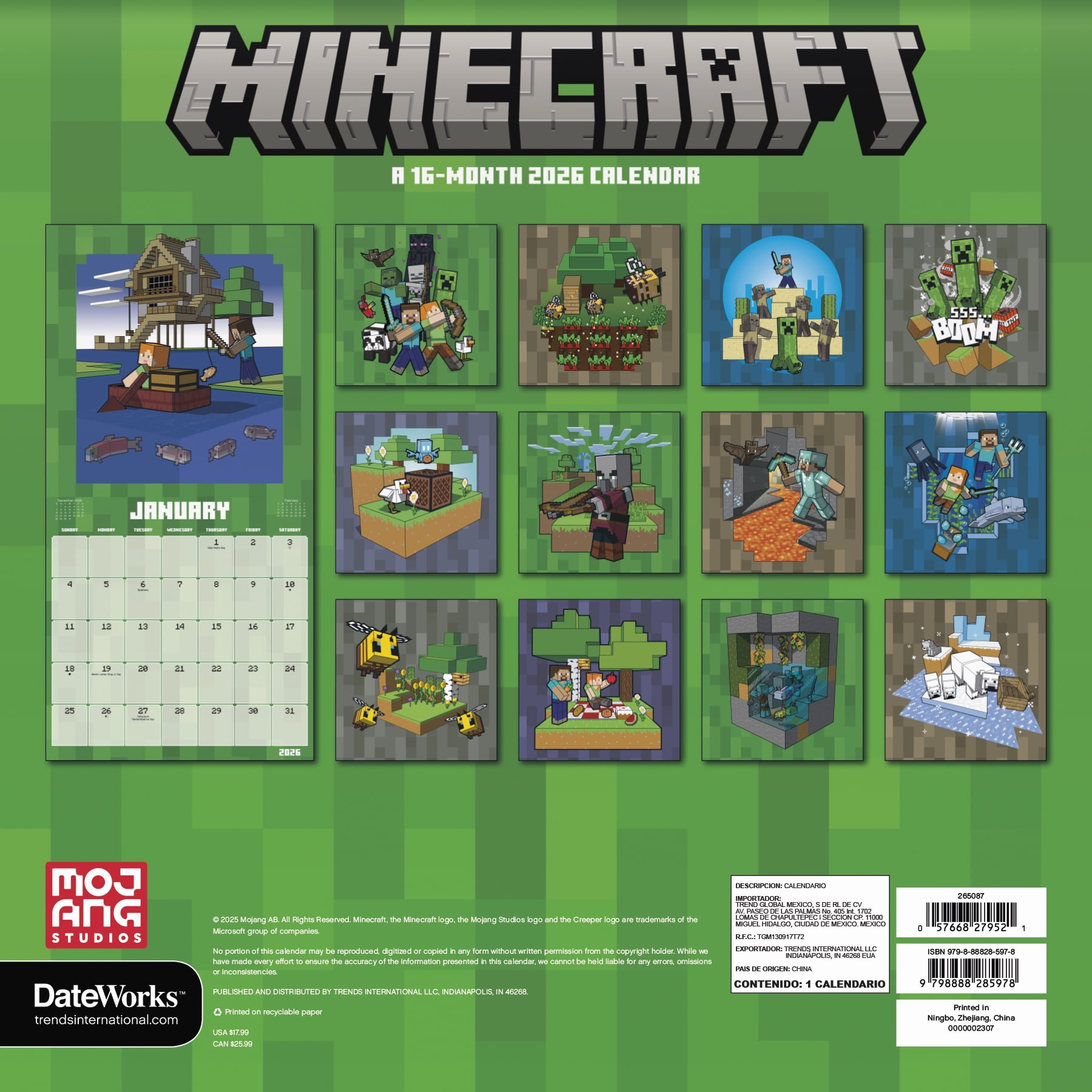 Trends International Minecraft Framed Poster and 2026 Wall Calendar Set (Black, 12 in x 12 in) e5bj1