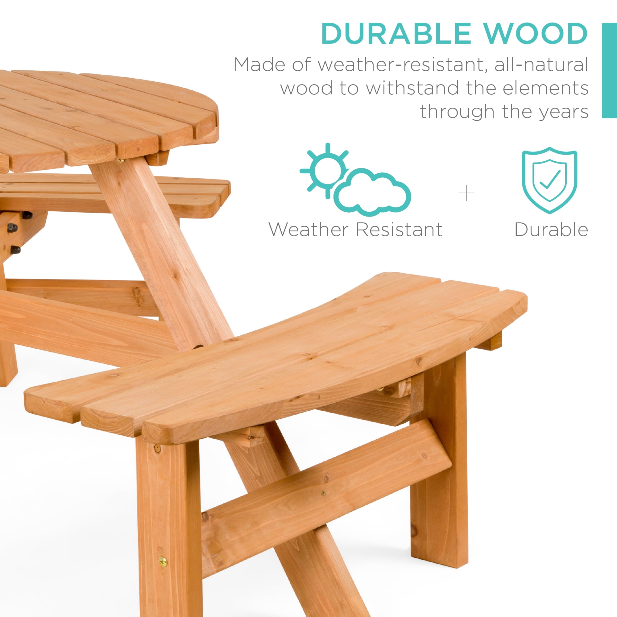 Best Choice Products Circular Outdoor Wooden Picnic Table with 3 Built-In Benches (Natural, 35 in Diameter) a1xwu