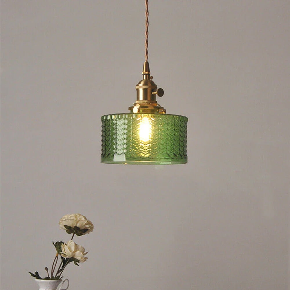 Arturesthome Vintage Glass Pendant Light, Wavy Cylinder Hanging Lamp for Kitchen Island (Green, 8 in) 4xqx1