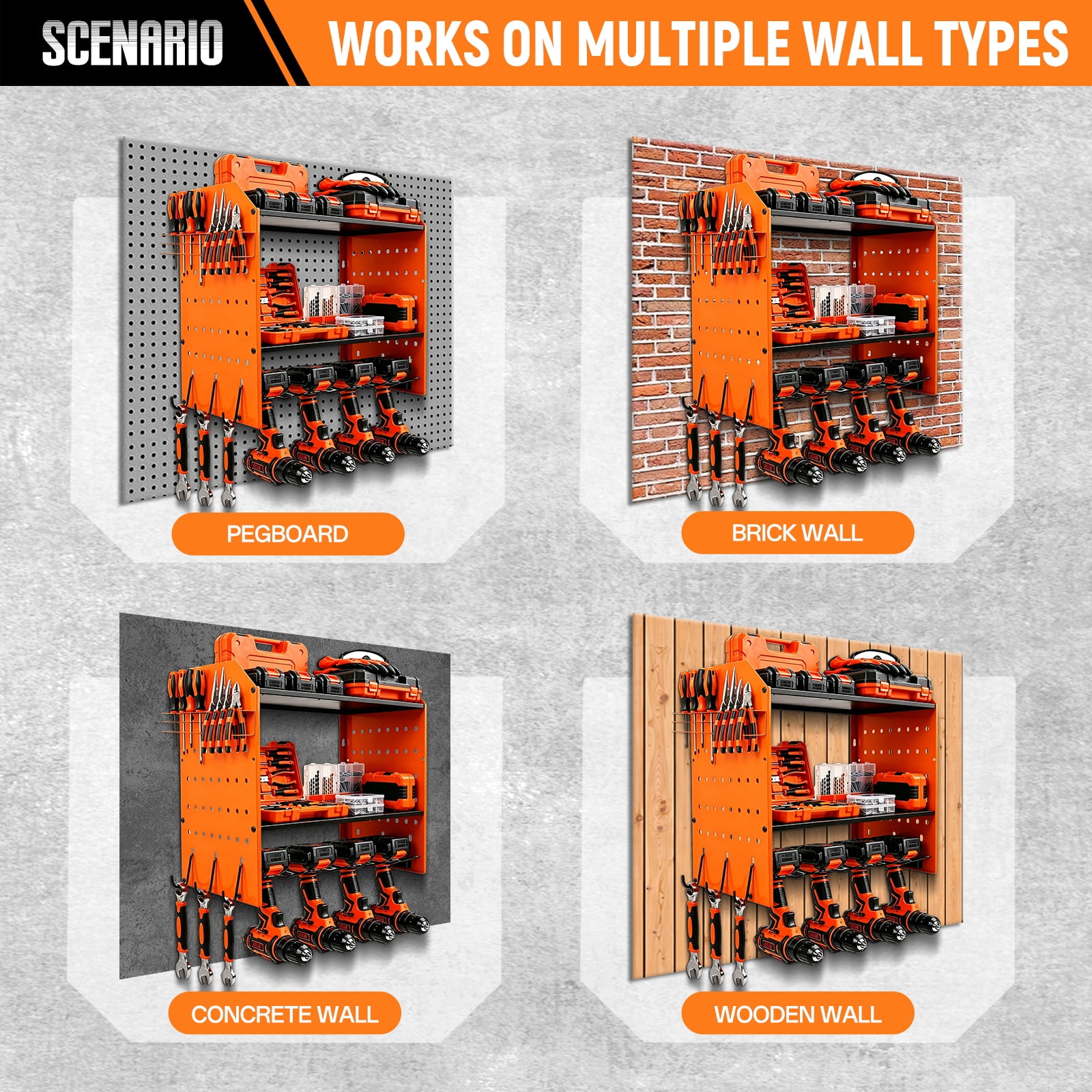 Loonpon Power Tool Organizer Wall Mount, 4-Layer Heavy Duty Drill Storage Shelf with Hooks (Orange, 16.4 in x 8.7 in x 18.9 in) ukydt