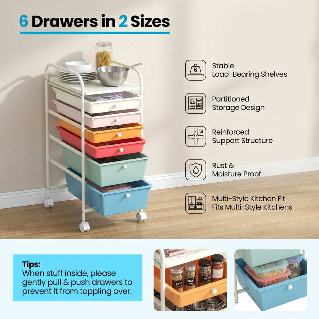 Spaco 6-Drawer Rolling Storage Cart Organizer, Multipurpose Mobile Craft Organizer for Home and Office (Blue) 88prd