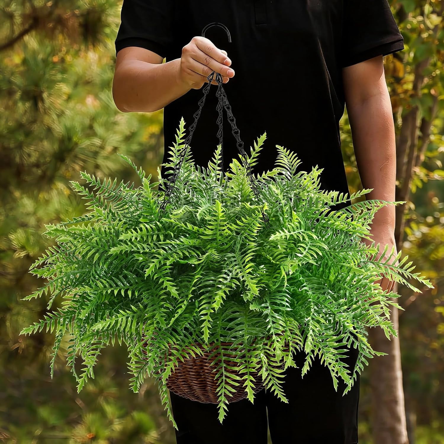 Yastouay Artificial Hanging Boston Ferns with Baskets, UV-Resistant Faux Plants for Indoor and Outdoor Home Porch Decor (Green, 2 Pcs, 17 in) xziwy