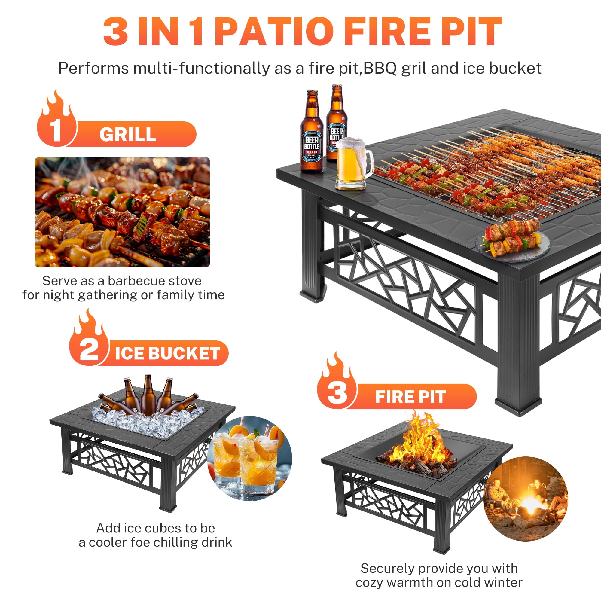 Segmart 32 in Square Outdoor Fire Pit with Spark Screen and Lid (Black, 32 in) 6juqy