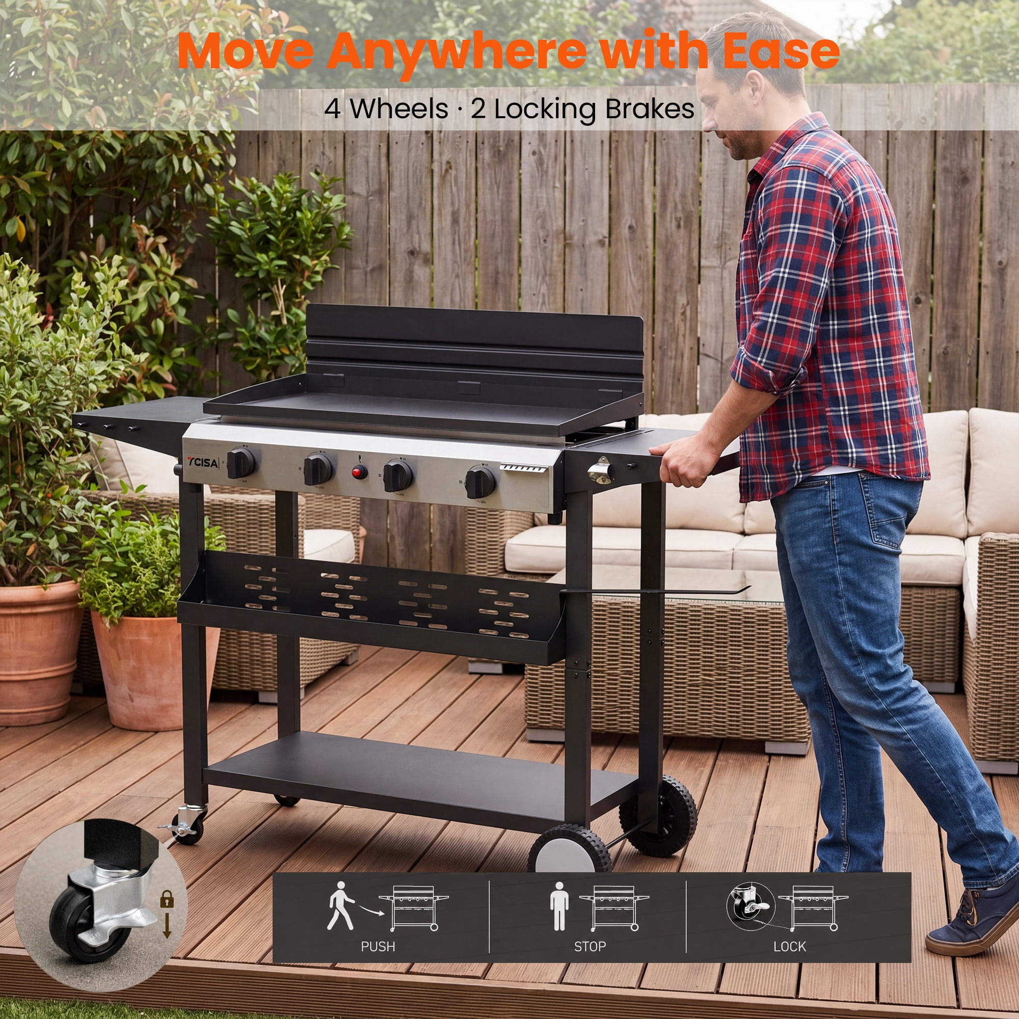Tcisa 4 Burner Propane Gas Griddle with Standing Cart and Hood (Black, 400 sq in) 3zpub